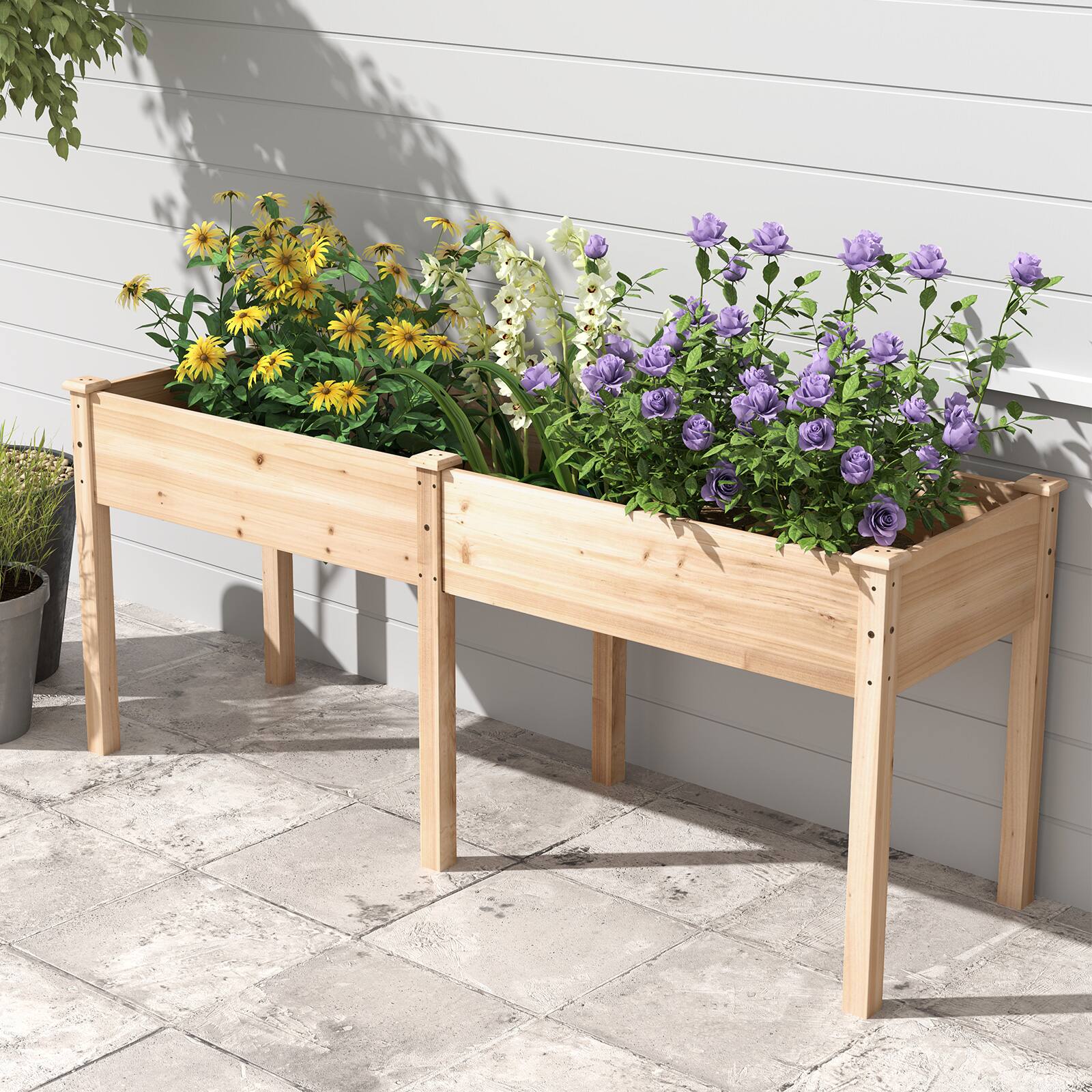 Angle. SlickBlue - Fir Wood Raised Planter Box with Internal Divider and Drainage Holes - Natural.