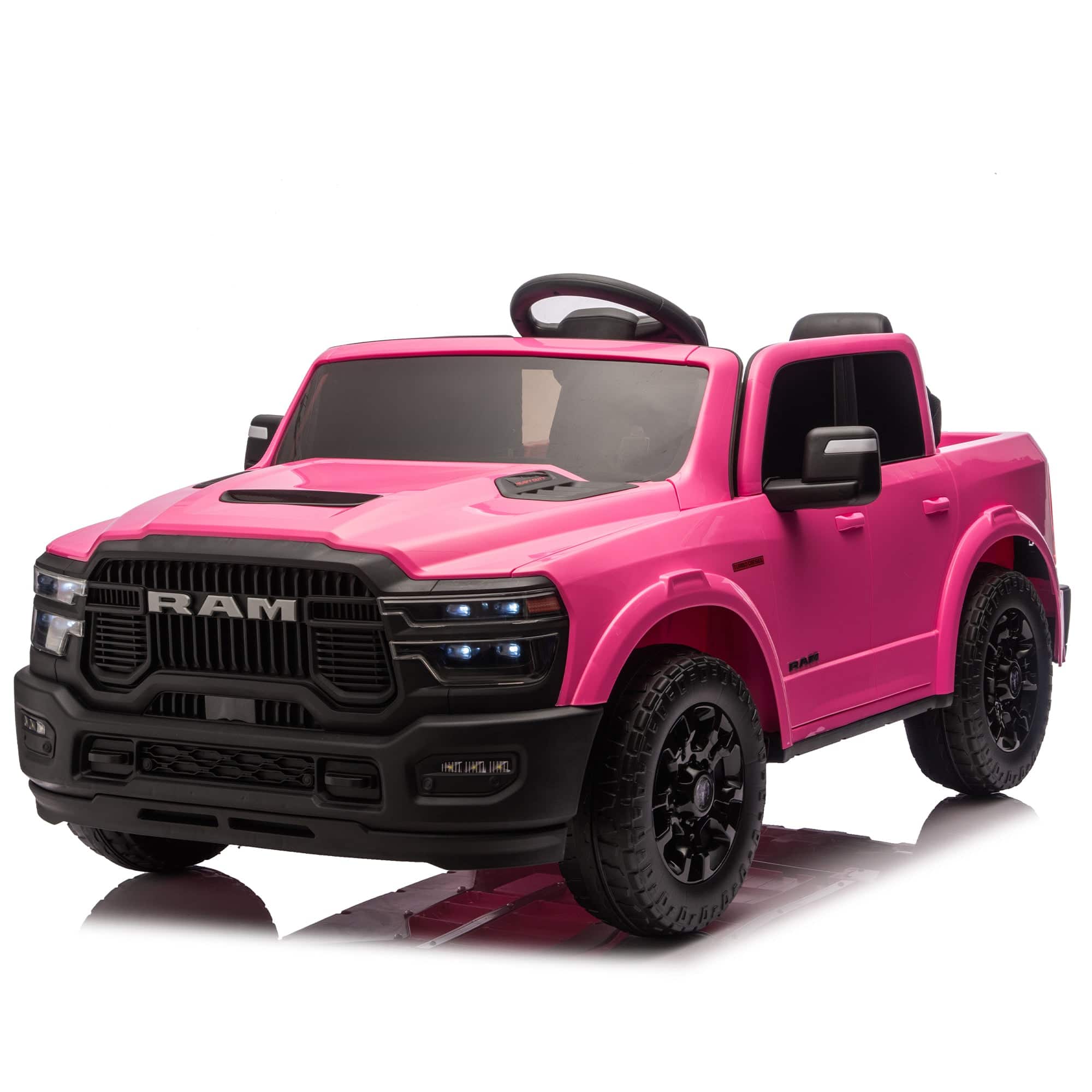 BreeBe - 24V 160W Dodge RAM 2500 Kids Ride-On Truck, 2-Seater, Remote, 2WD, 4-Wheel Suspension, Music, Bluetooth, USB - Pink