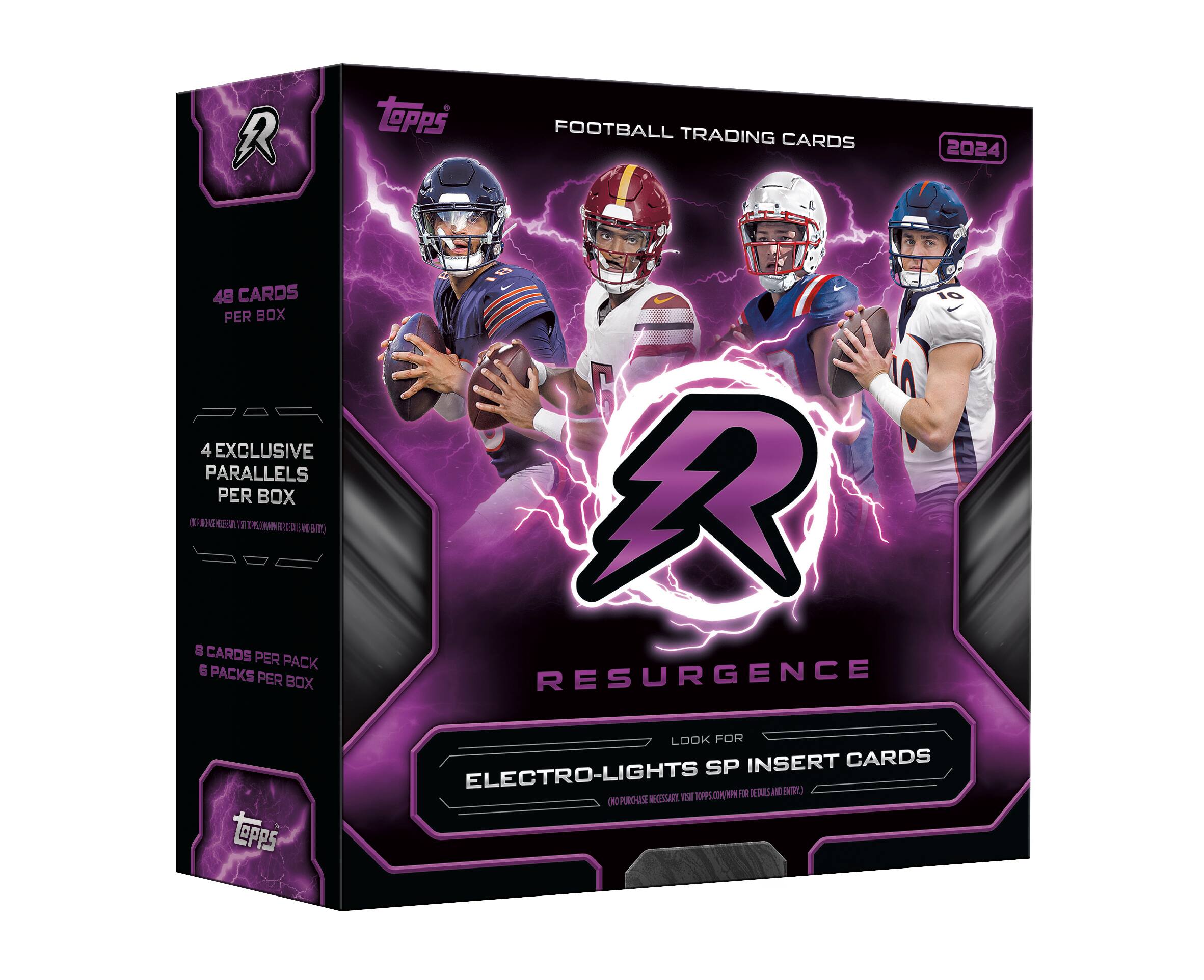 The image features a box of football trading cards from the brand Topps. The box contains 48 cards per box and 4 exclusive parallels per box. Each pack contains 6 cards, and there are 10 packs per box. The box also includes a special insert card called "Resurgences." The cards are designed with an electric theme, and the box is purple in color. The box is full of football trading cards, and it is ready for use.
