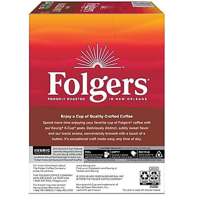 Folgers  
Proudly Roasted in New Orleans

Enjoy a Cup of Quality Crafted Coffee  
Spend more time enjoying your favorite cup of Folgers coffee with our Keurig K-Cup pods. Deliciously distinct, subtly sweet flavor and our iconic aroma, conveniently brewed with a touch of a button. It's exceptional craft made easy, any time of day.

Only KEURIG for the perfect cup every time.

For the Folger Coffee Company  
www.folgers.com

THE FOLGER COFFEE COMPANY  
2002 KEURIG GREEN MOUNTAIN INC  
NEW ORLEANS, LA 20129 USA

1-800-937-9745

For Keurig and K-Cup of Inc Keurig Green Mountain, Inc.  
www.keurig.com

The carton is made with 100% recycled paperboard.

Recycle the carton.