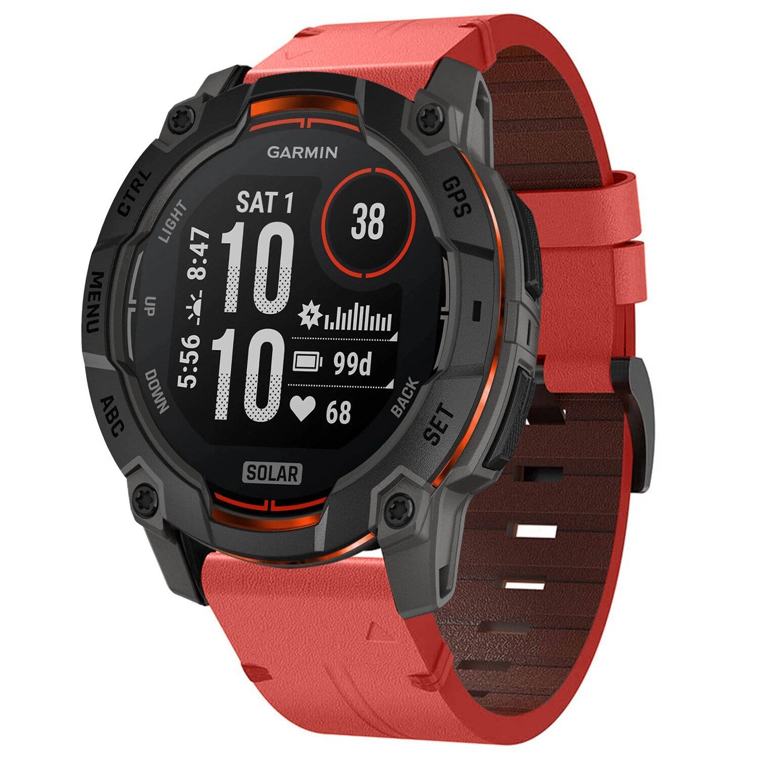 GARMIN CTRL SAT 1 GPS LIGHT 38 8:47 10 MENU UP K 5:56 10 99d DOWN 68 BACK ABC SET SOLAR