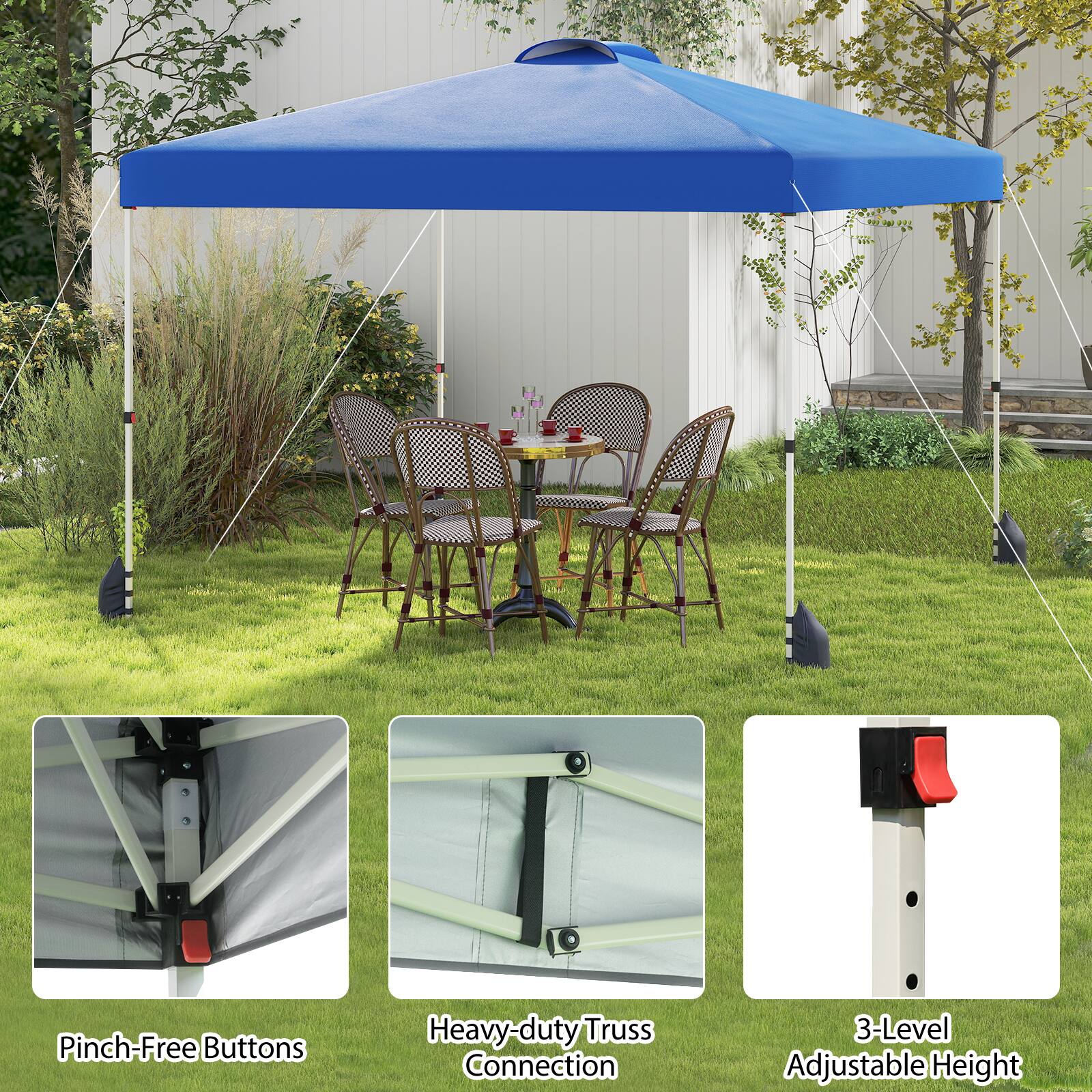 The text on the image can be grouped and corrected as follows:

1. **Pinch-Free Buttons**
2. **Heavy-duty Truss Connection**
3. **3-Level Adjustable Height**

These features are highlighted in the image, showcasing the functionality and design of the canopy.