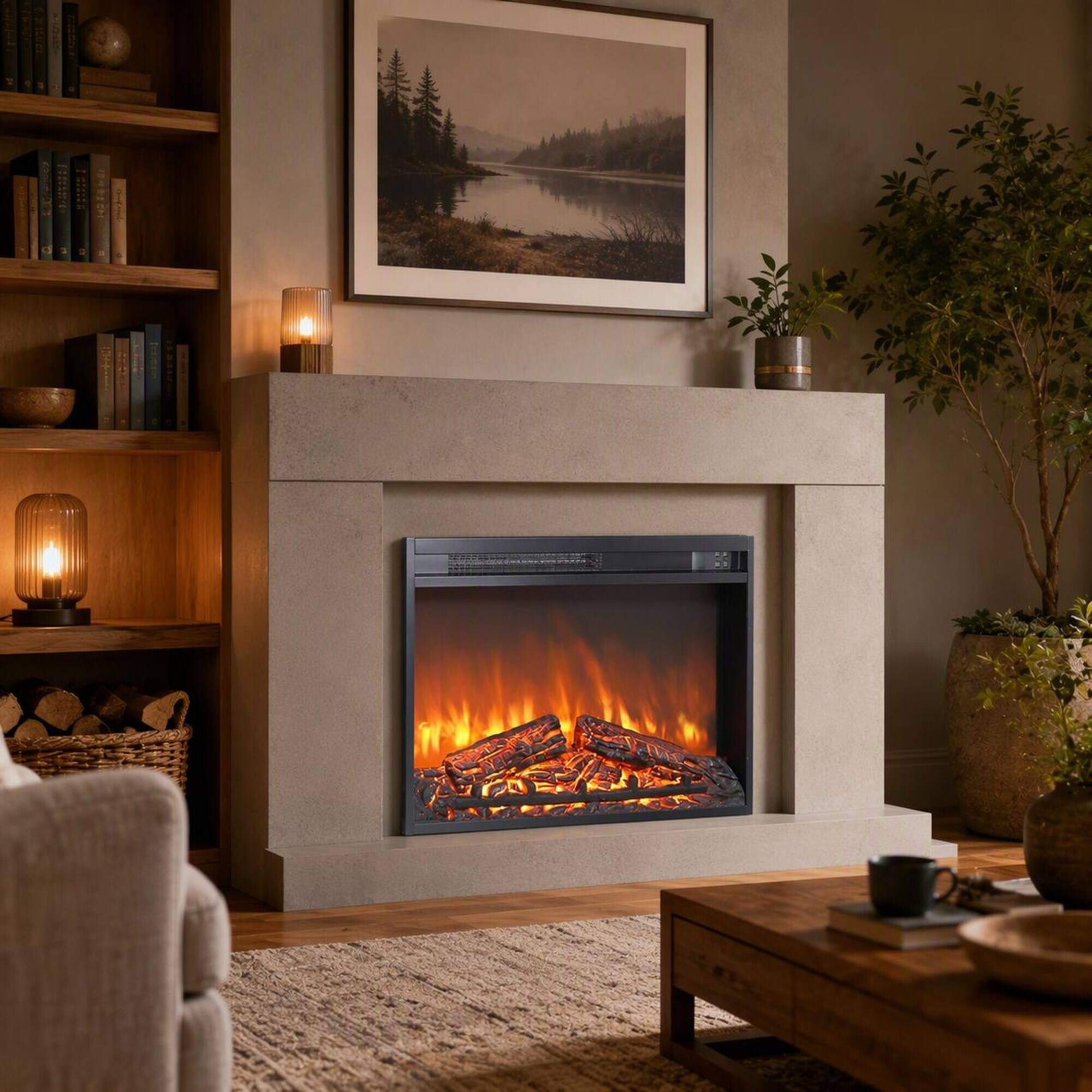 Back. RYHNUYNE - 26 Inch Ultra Thin Electric Fireplace Insert Heater, Log Set Realistic Flame Remote Timer Overheat Protection - Antique Black.