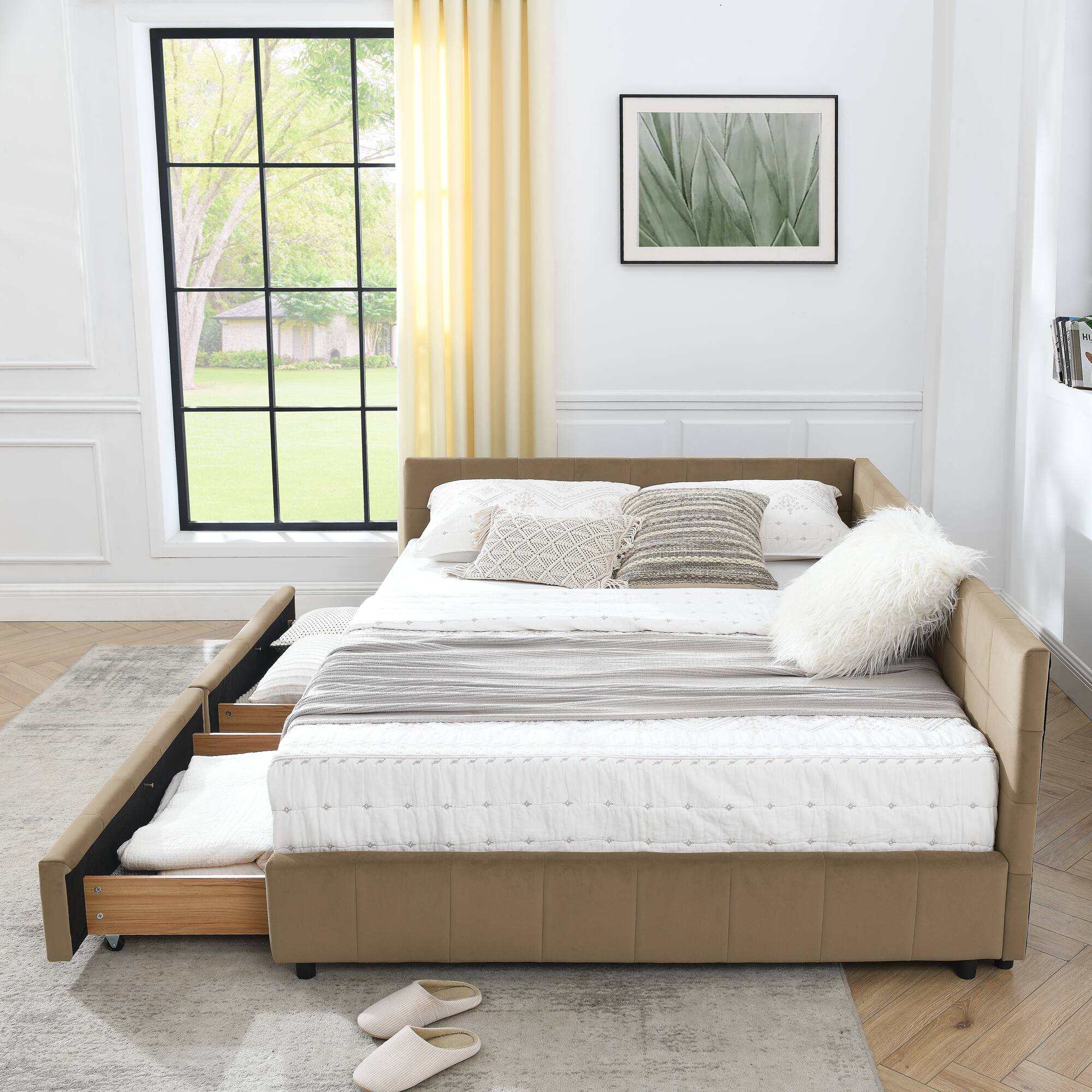 Back. Anysun - Queen Velvet Tufted Storage Bed Frame - Sofa Bed with Backrest & Armrests for Bedroom or Living Room - Brown.