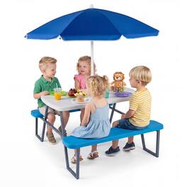 Costway - Kids Picnic Table with Benches Removable Adjustable Umbrella Metal Frame for Patio - Blue