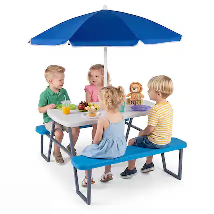 Front. Costway - Costway Kids Picnic Table with Benches Removable Adjustable Umbrella Metal Frame for Patio - Blue.