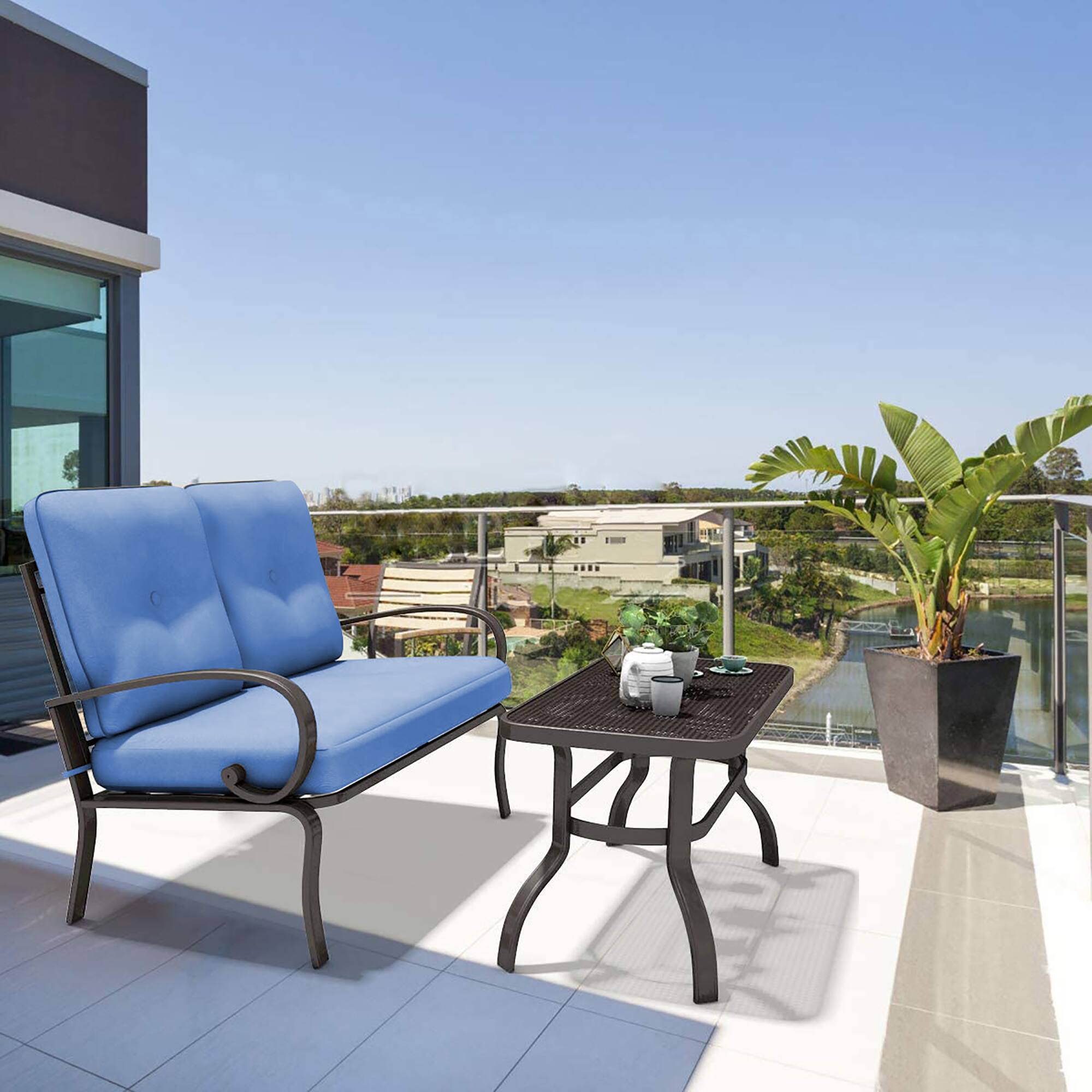 Alt View 1. Costway - Costway 2PCS Patio LoveSeat Coffee Table Furniture Set  Bench W/ Cushions - Blue.