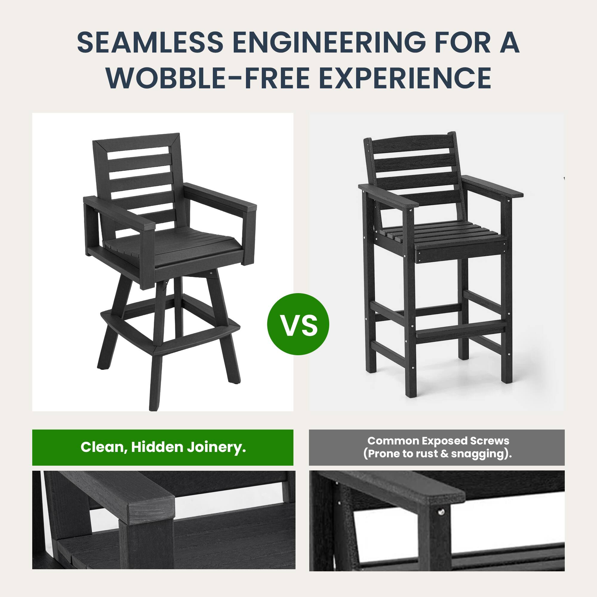 SEAMLESS ENGINEERING FOR A WOBBLE-FREE EXPERIENCE

VS

Clean, Hidden Joinery.

Common Exposed Screws (Prone to rust & snagging).