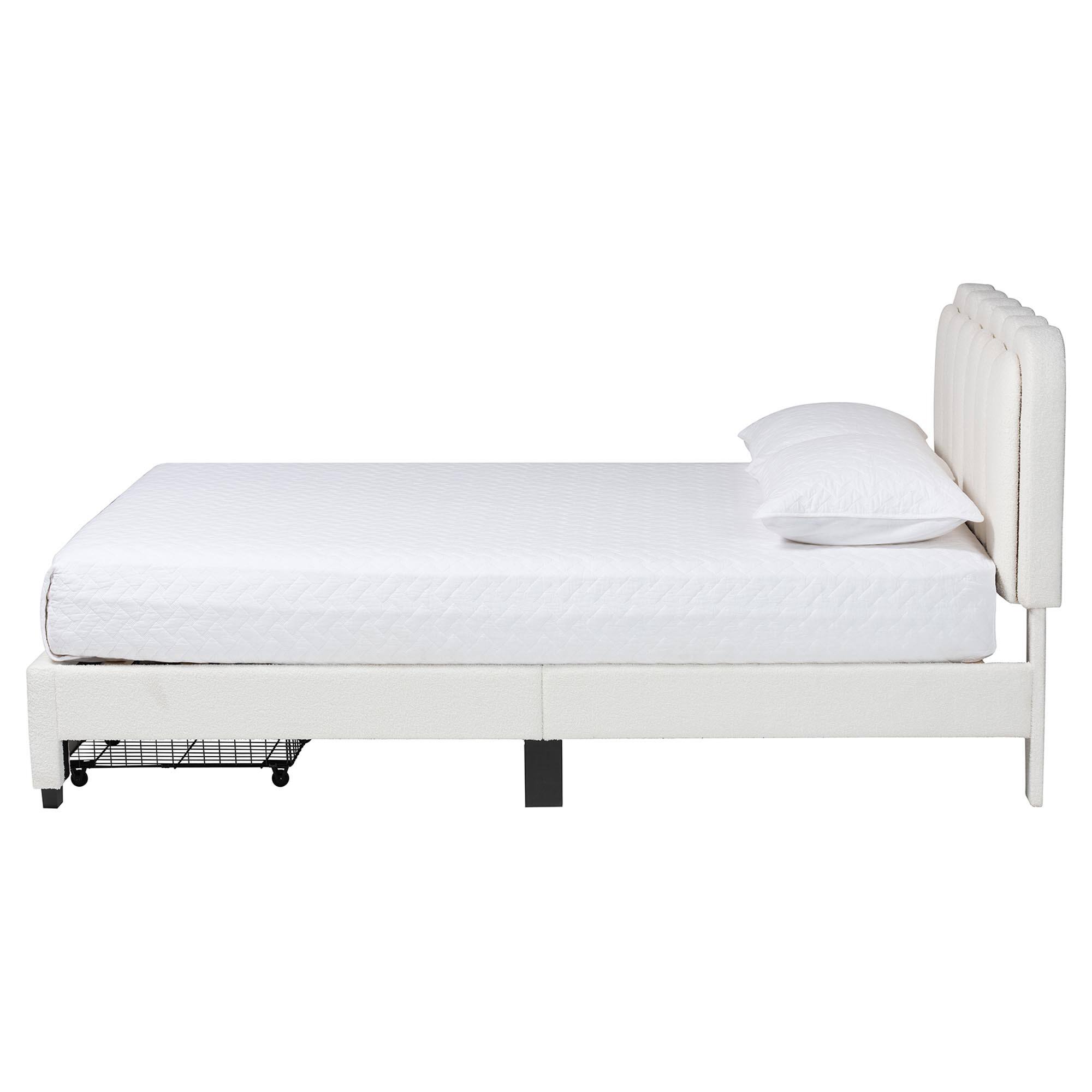 Angle. Baxton Studio - Baxton Studio Caradonna Cream Teddy-Bear Fabric Bed with Storage Drawers - Fully Upholstered Platform Bed, Queen - Cream.