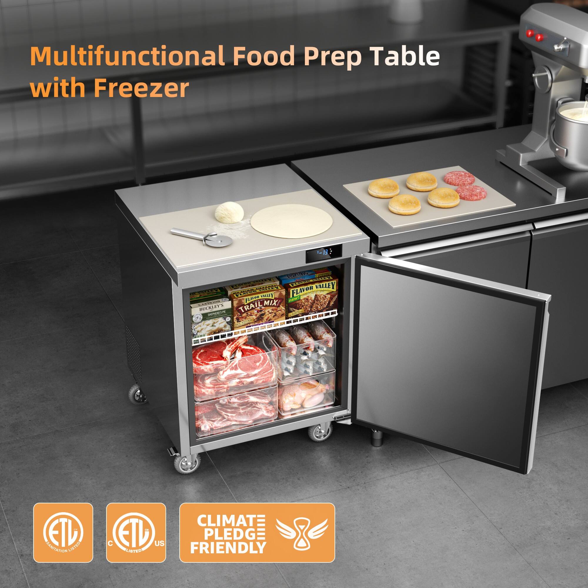 Multifunctional Food Prep Table with Freezer

EAW ... TCE SO 07110-CEVT 23733 FLAVOR VALLEY VouR Livre 0N - Haw MIX - . TRAIL BUCRLET'S di -  ETL Lg RANITATOR CLIMAT C ETD US FRIENDLY PLEDG CSTET