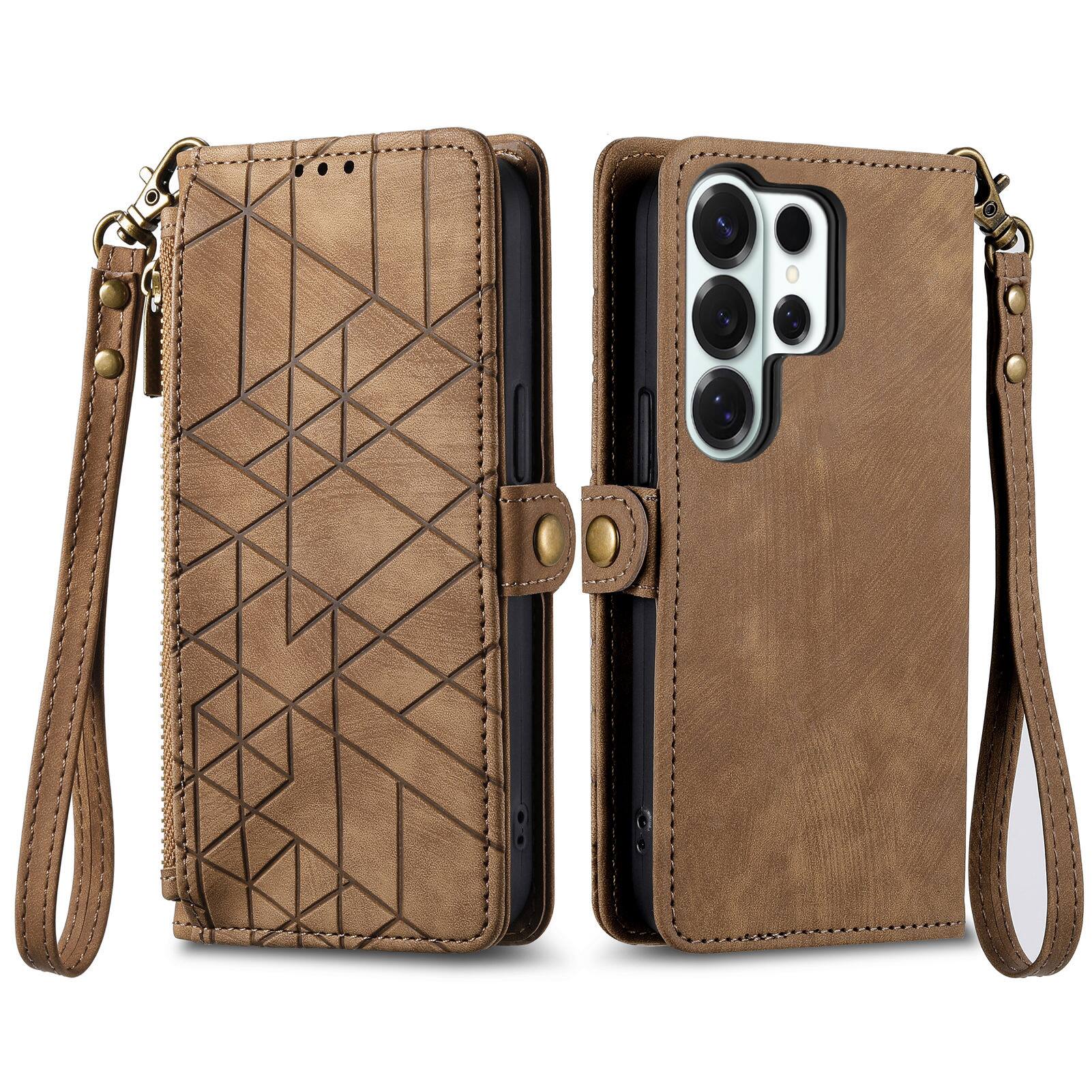 Alt View 1. Dteck - For Samsung S25 Ultra Zipper Wallet PU Leather Handbag Purse Flip Kickstand Folio Card Slots Holder Wrist Strap Cover - Brown.