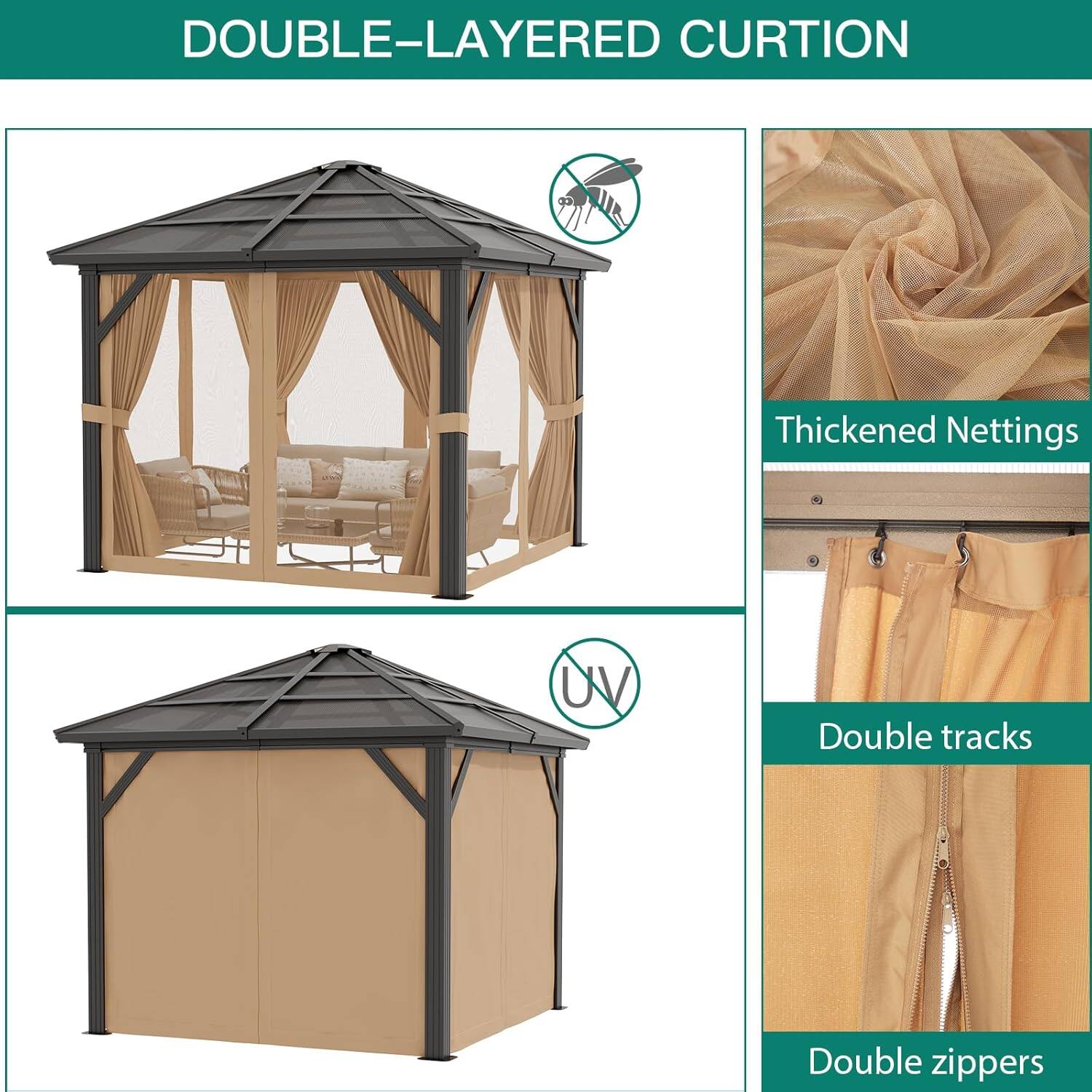 DOUBLE-LAYERED CURTAIN

- Thickened Nettings
- UV Protection
- Double tracks
- Double zippers