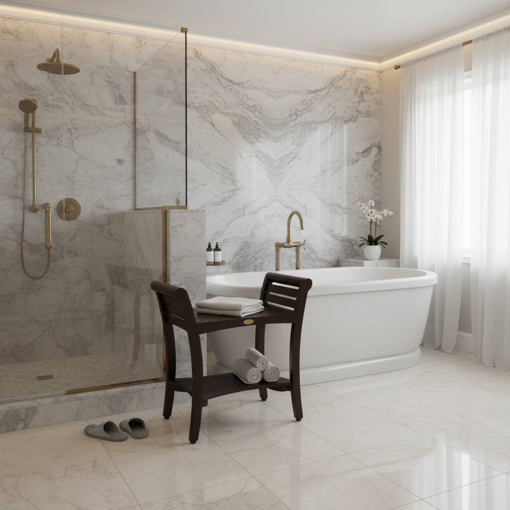 Angle. DecoTeak - DecoTeak Symmetry 24" Teak Wood Shower Bench with Shelf and LiftAide Arms in Woodland Brown Finish - Woodland Brown.