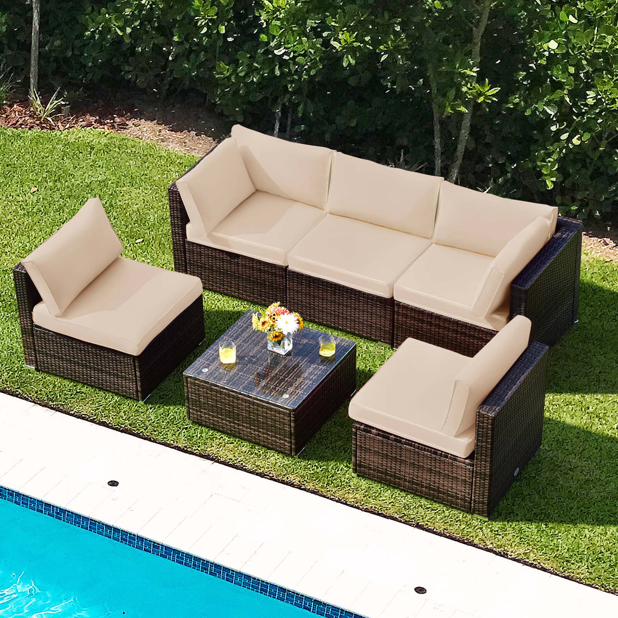 Alt View 4. Costway - 6PCS Patio Rattan Furniture Set Cushioned Sofa Coffee Table Garden - Mix Brown,Brown.