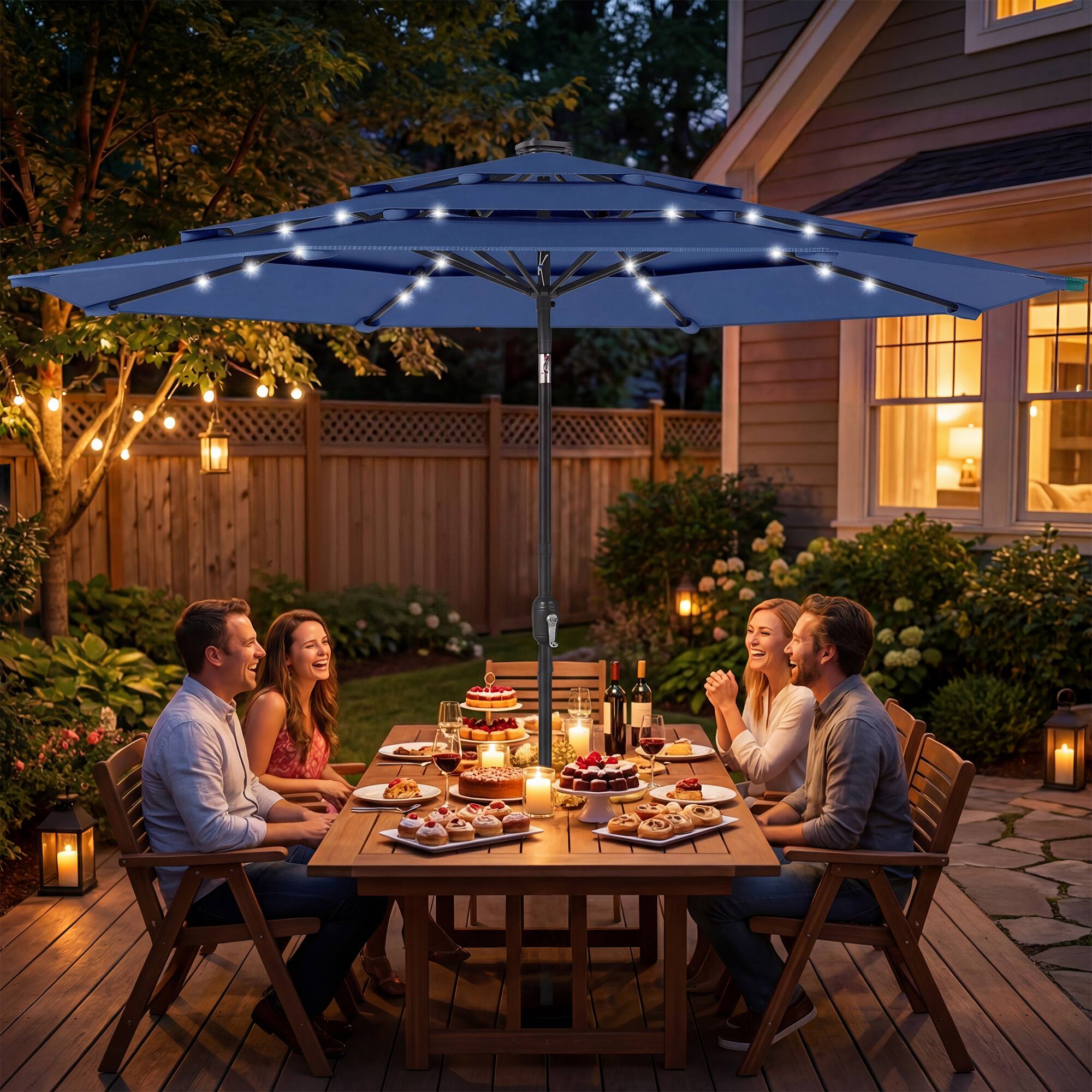 Alt View 1. Outsunny - ft Outdoor Patio Umbrella with Solar LED Lights, 3 Tier Outdoor Table Umbrella with Tilt, Crank - Navy Blue.