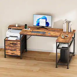 Furnulem - L Shaped Computer Desk with Power Outlet and USB Ports 2 Fabric Drawers Storage Shelves Home Office Corner Gaming Desk - Brown