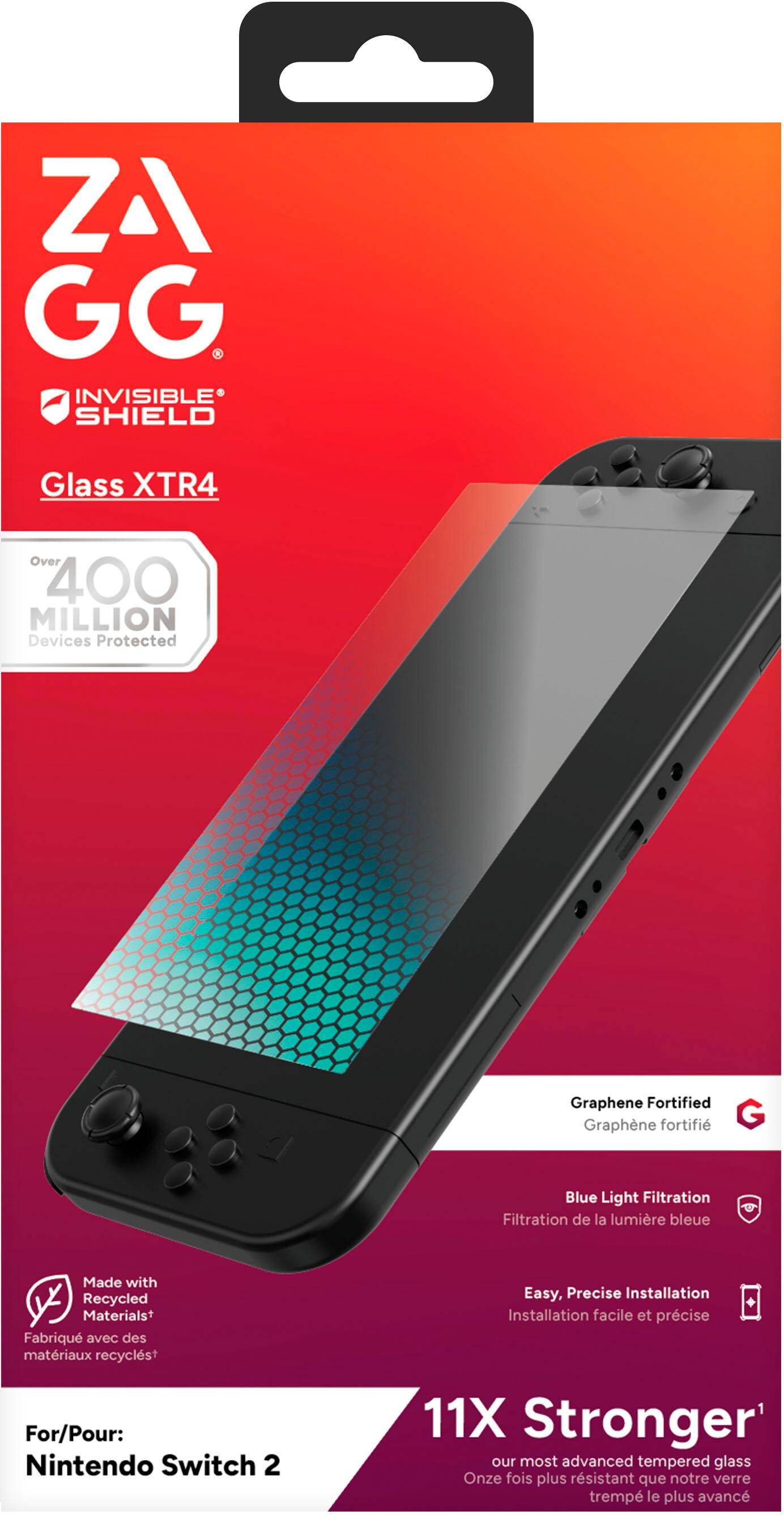 ZAGG GG INVISIBLE SHIELD Glass XTR4 Over 400 MILLION Devices Protected Graphene Fortified Graphene fortified Blue Light Filtration Made with Recycled Materials+ Easy, Precise Installation For/Pour: Nintendo Switch 2 11X Stronger our most advanced tempered glass Eleven times stronger than our most advanced tempered glass
