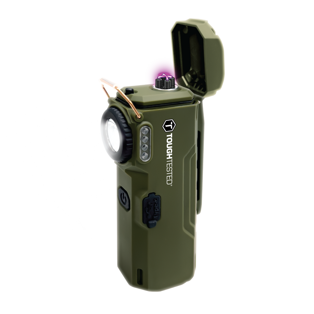 ToughTested - Rechargeable Arc Lighter & LED Flashlight, Windproof Flameless Plasma Lighter with 1800mAh Power Bank - Black