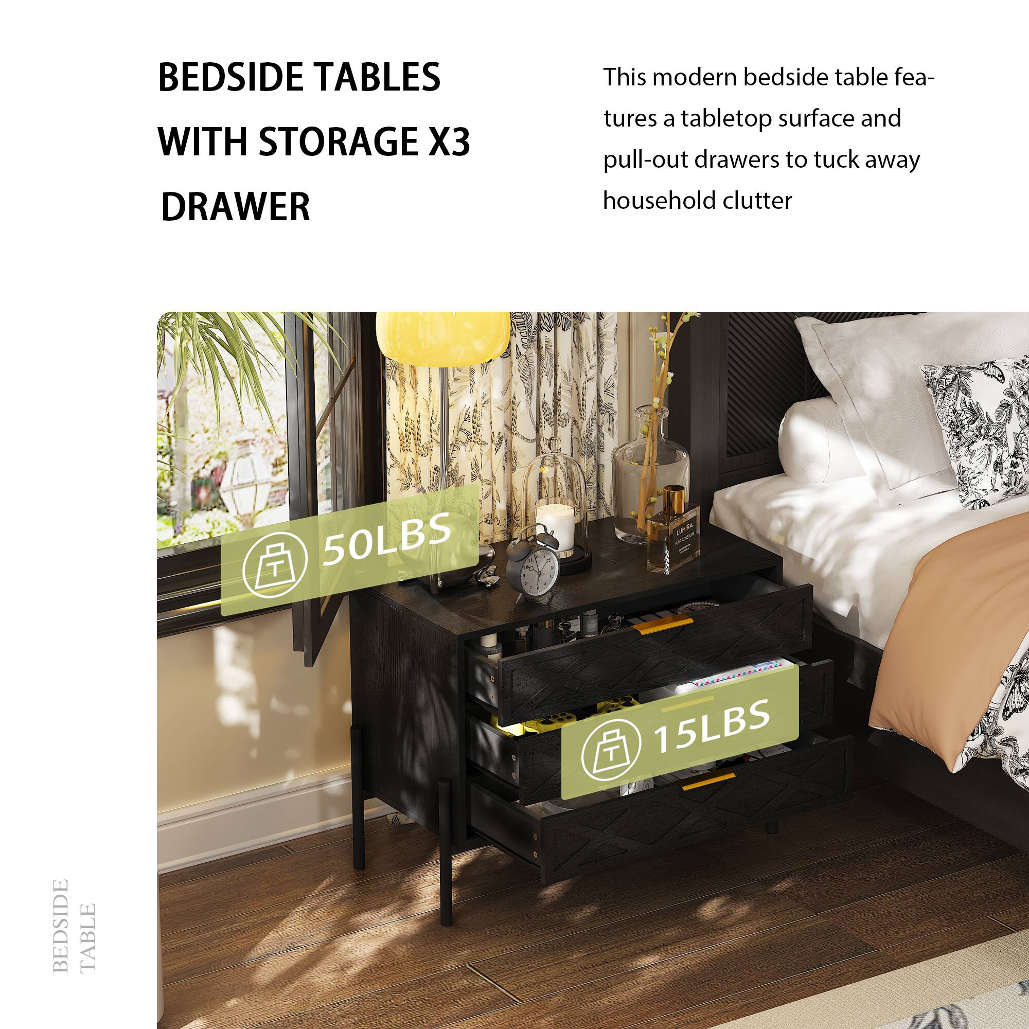BEDSIDE TABLES WITH STORAGE X3 DRAWER

This modern bedside table features a tabletop surface and pull-out drawers to tuck away household clutter

50LBS

15LBS