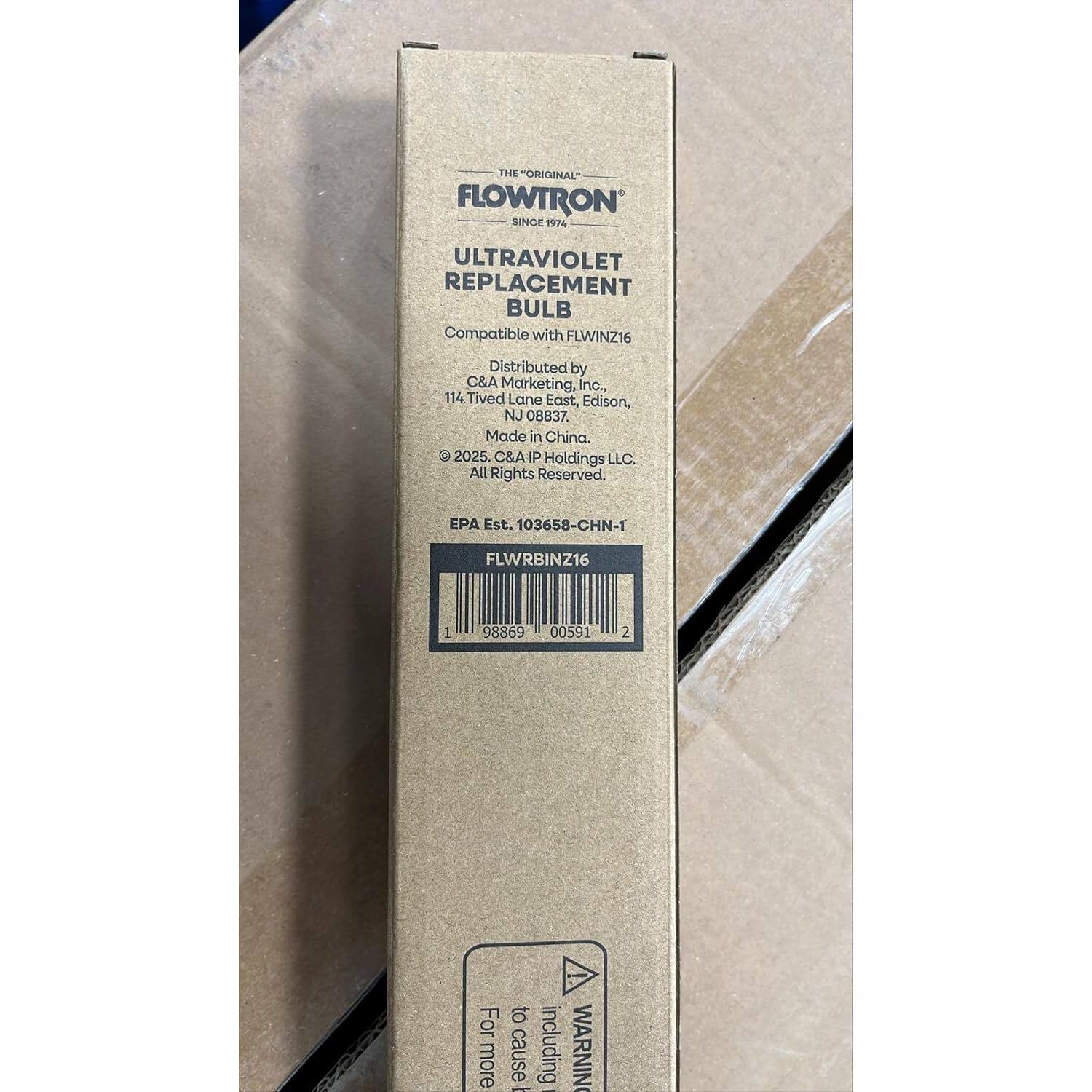 THE "ORIGINAL" FLOWTRON SINCE 1974 ULTRAVIOLET REPLACEMENT BULB Compatible with FLWINZ16 Distributed by C&A Marketing, Inc., 114 Tived Lane East, Edison, NJ 08837. Made in China. © 2025. C&A IP Holdings LLC. All Rights Reserved. EPA Est. 103658-CHN-1 FLWRBINZ16 1 98869 00591 2 For more cause including WARNING