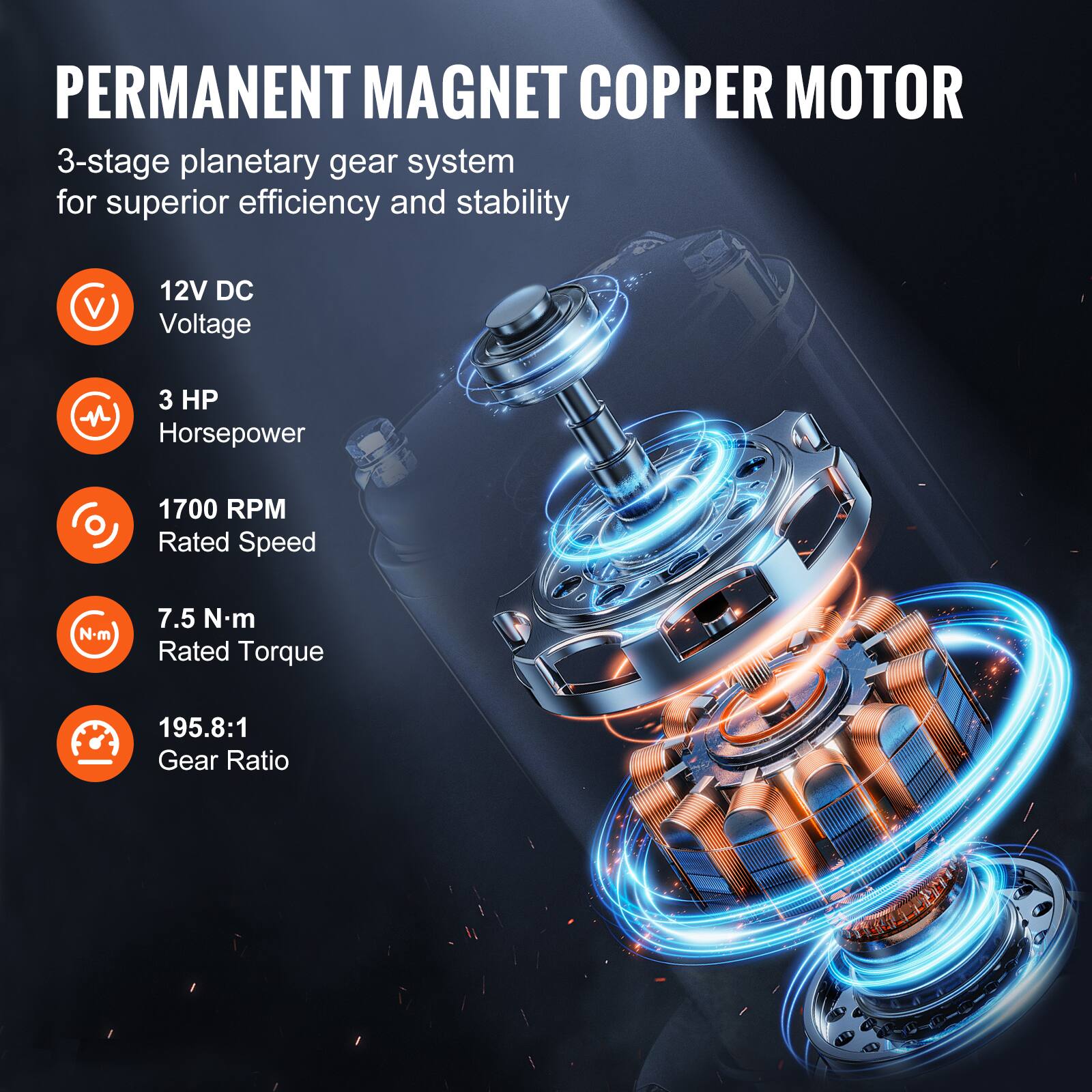 PERMANENT MAGNET COPPER MOTOR
3-stage planetary gear system for superior efficiency and stability
12V DC Voltage
3 HP Horsepower
1700 RPM Rated Speed
7.5 N-m Rated Torque
195.8:1 Gear Ratio