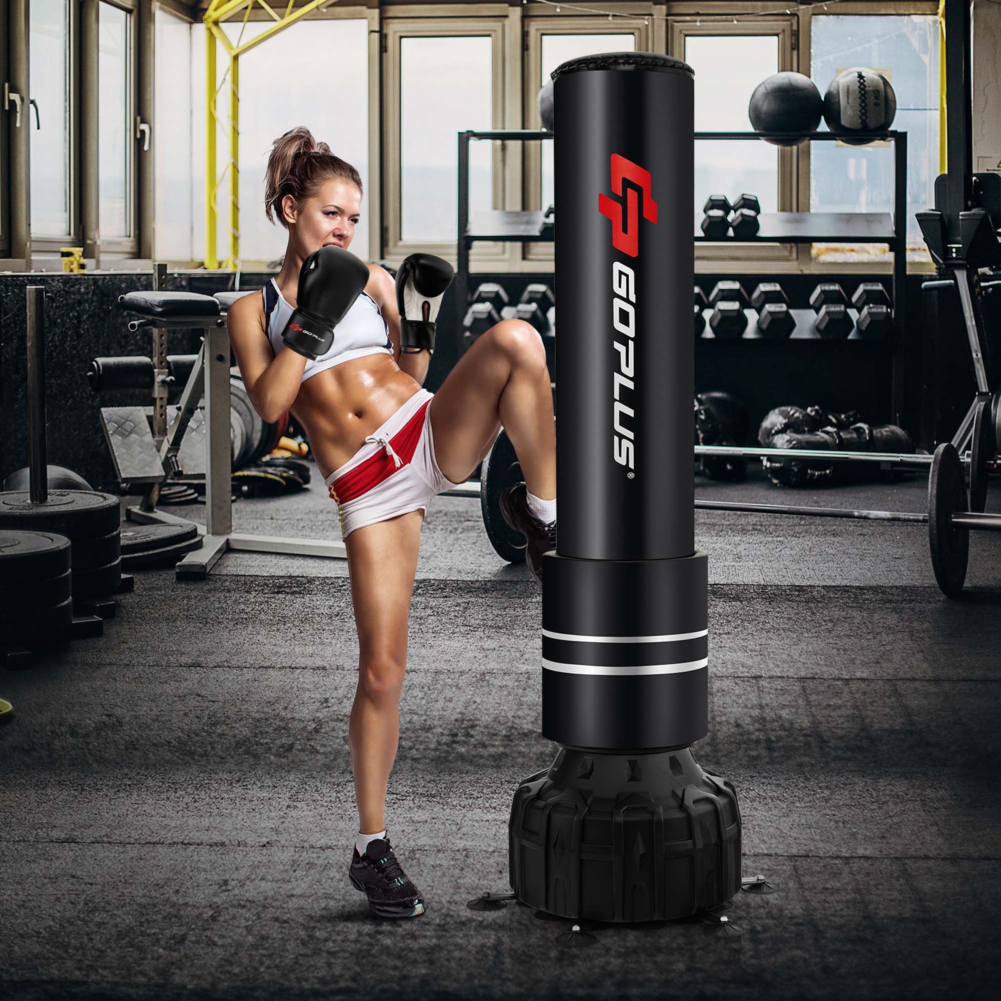 Alt View 3. Costway - Goplus 71" Freestanding Punching Bag with 25 Suction Cups Gloves 182 lbs Sand Filling - Black.