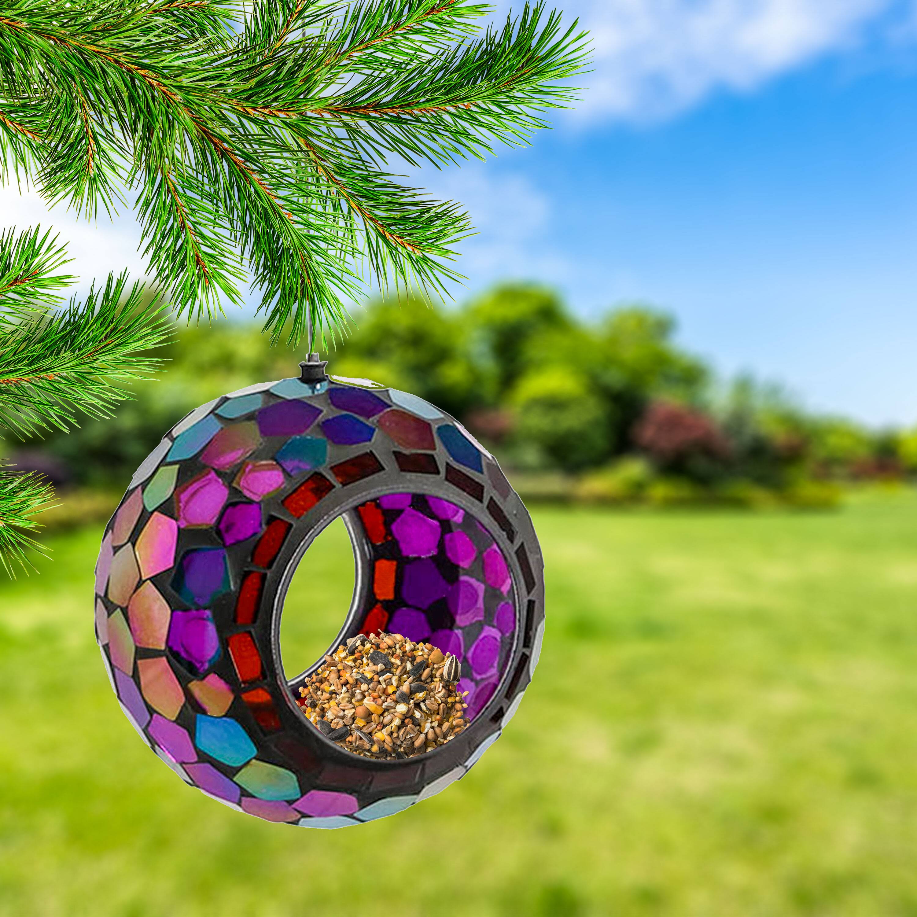 Alt View 1. Sunnydaze - Round Mosaic Fly-Through Hanging Bird Feeder - 6 in - Iridescent Purple Mosaic.