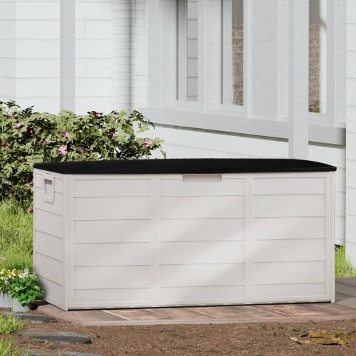 Alt View 7. Winado - 75 Gallon Portable Plastic Storage Deck Box with Lid, Store Garden Cushions Organizer Patio Cabinet for Indoor Outdoor - White Body-Black Cover.
