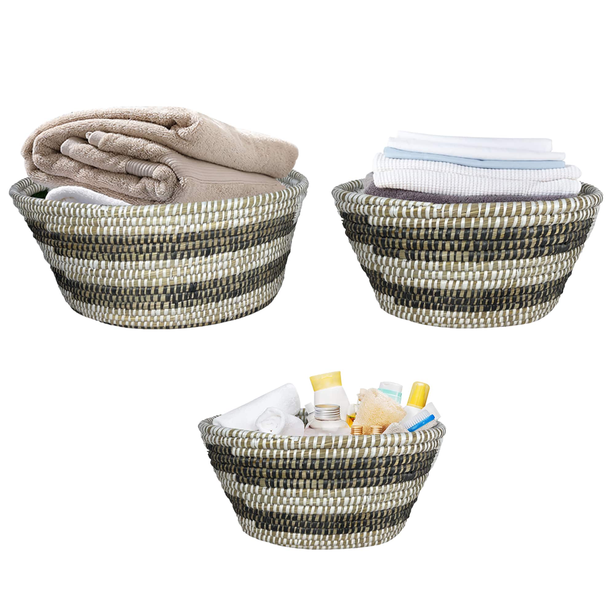 Front. Costway - Natural Canes Grass Baskets Stackable Storage Bins Set of 3 w/ Hollowed Handles - White, Black.