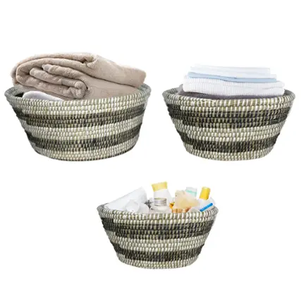 Costway - Natural Canes Grass Baskets Stackable Storage Bins Set of 3 w/ Hollowed Handles - White, Black