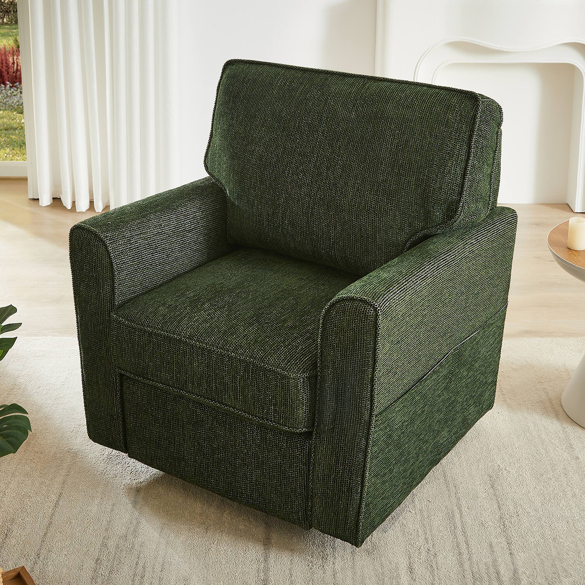 Angle. Bestier - 360° Swivel Green Accent Chair with Side Pockets, Upholstered Chenille Armchair Sofa for Bedroom Office Living Room - Green.