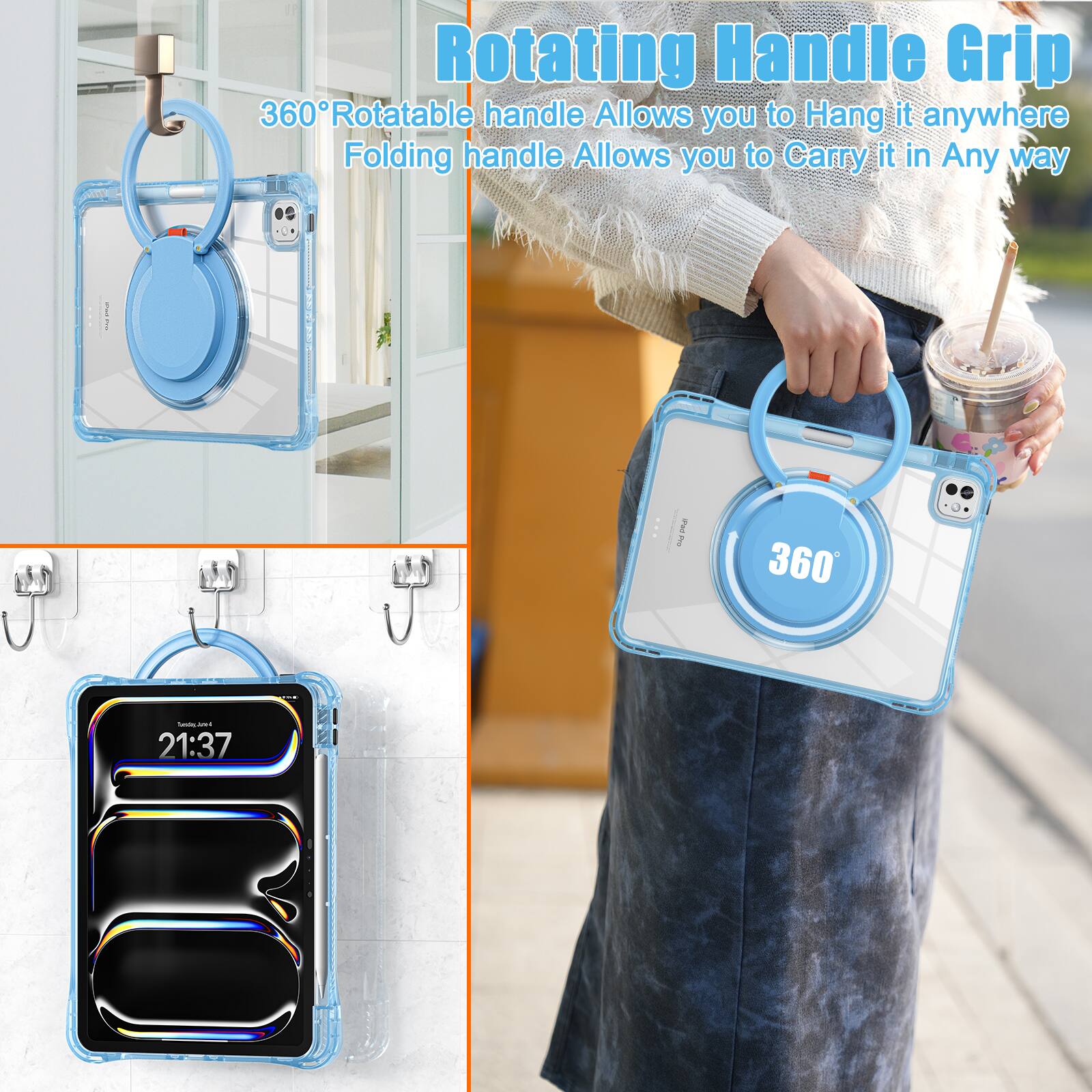 Rotating Handle Grip  
360° Rotatable handle. Allows you to Hang it anywhere  
Folding handle. Allows you to Carry it in Any way  

21:37