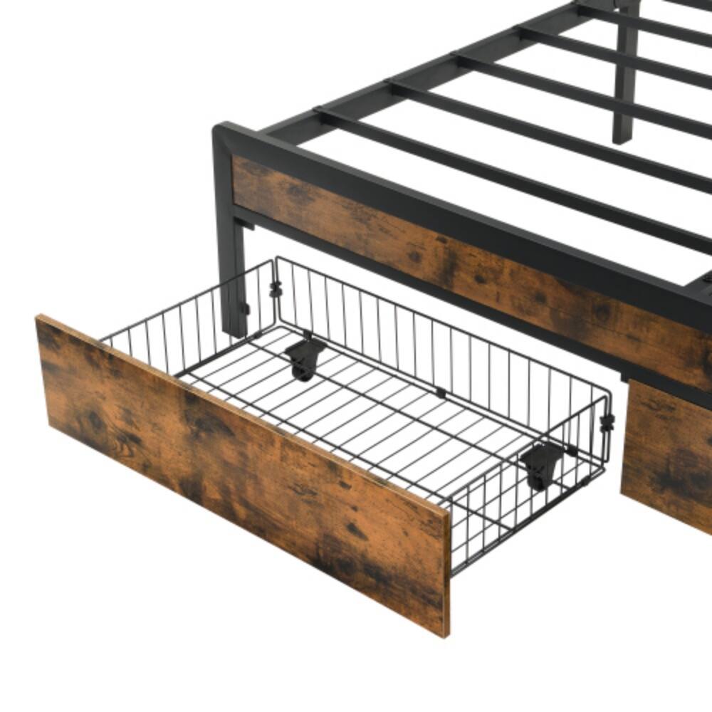 Back. LUCKY ONE - King Size Bed Frame with Upholstered Headboard, LED Lights, USB Charging Station, 2 Drawers, No Box Spring Needed - Brown+Gray.