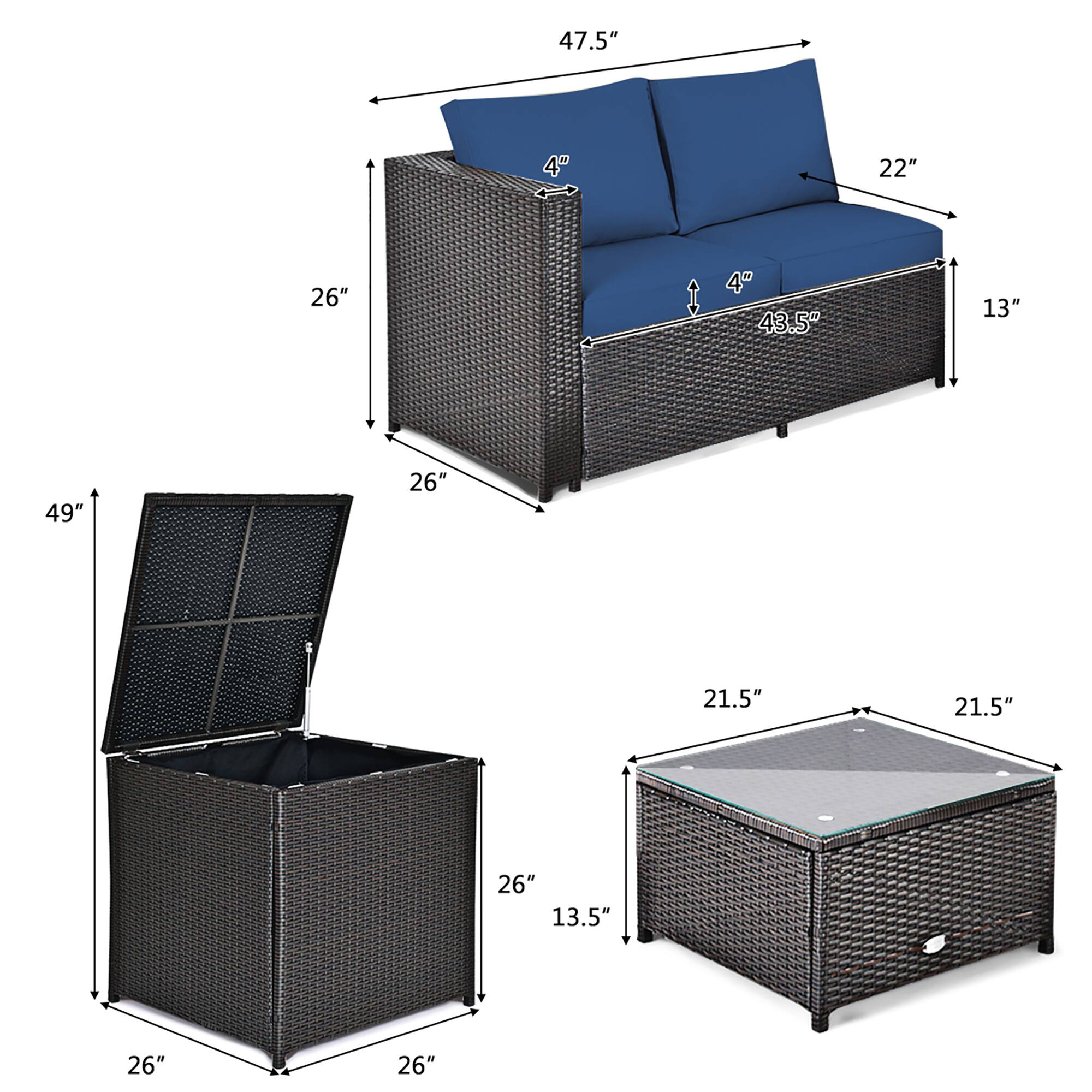 Sofa: 47.5", 22", 13", 4", 43.5"

Table: 21.5", 21.5", 13.5"

Storage Box: 26", 26", 26", 49"