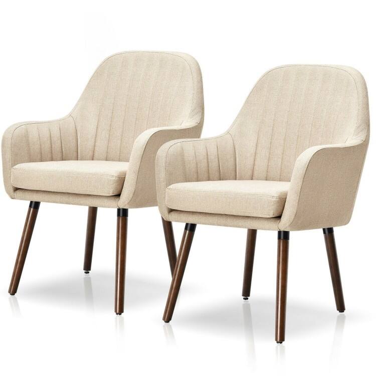 Front. SlickBlue - Set of 2 Linen Upholstered Retro Accent Chairs – Stylish Wood Legs for Bedroom or Office - Off White.