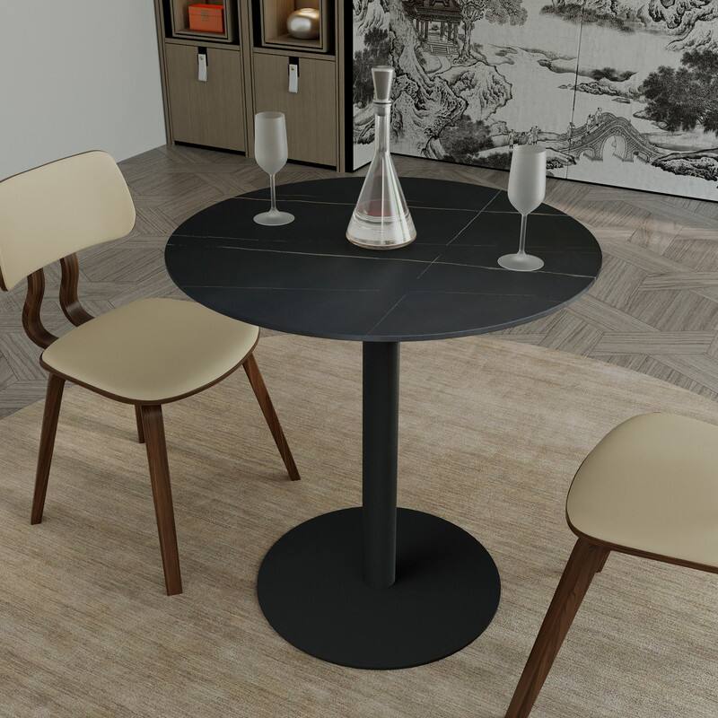 Angle. LeisureMod - Vail 27 Inch Round Dining Table with Stone Top and Black Metal Base, Modern Small Kitchen Bistro Accent Table - Black.