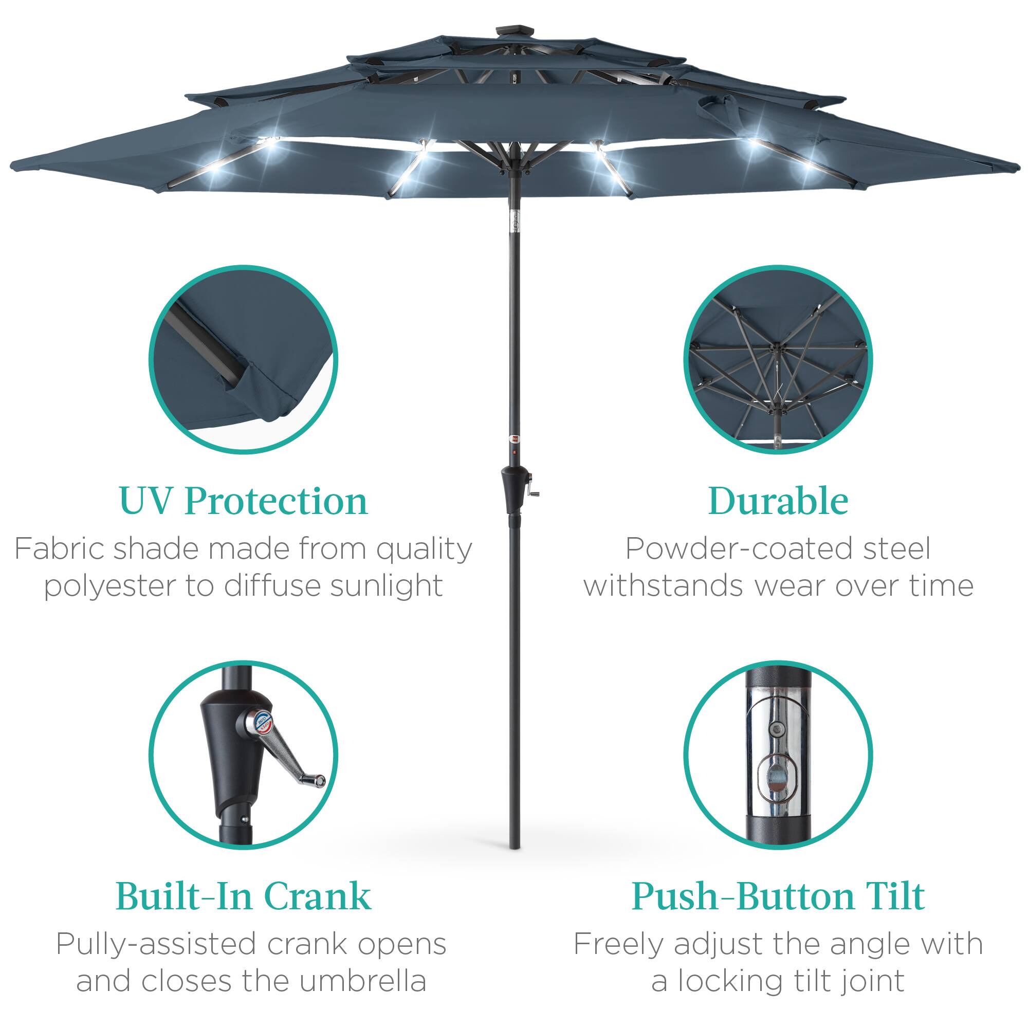 UV Protection: Fabric shade made from quality polyester to diffuse sunlight.  
Durable: Powder-coated steel withstands wear over time.  
Built-In Crank: Pully-assisted crank opens and closes the umbrella.  
Push-Button Tilt: Freely adjust the angle with a locking tilt joint.