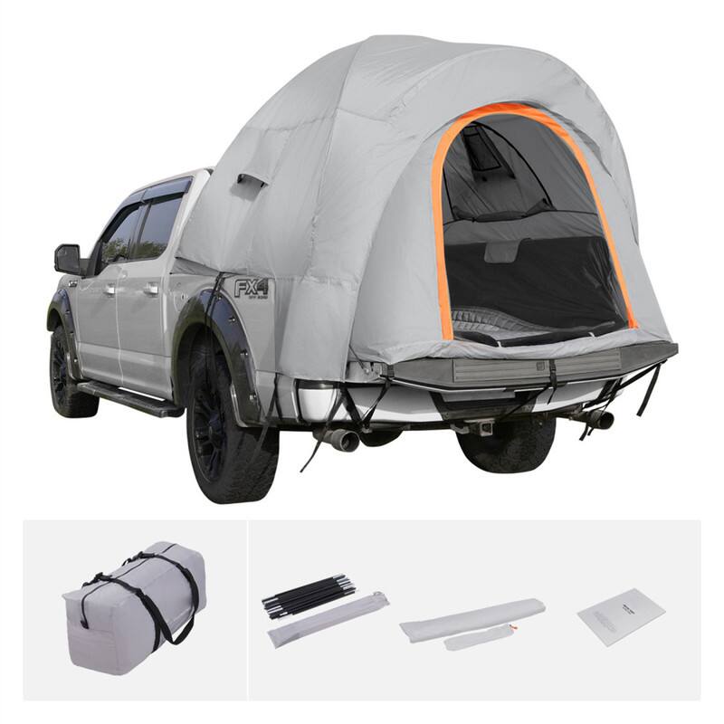 Back. HTUTWOO - 8' Camping Tent with Rain Layer and Carry Bag, Double Layer Truck Tent, Accommodate 6-8 Person for Van Hatch Tailgate - Grey.