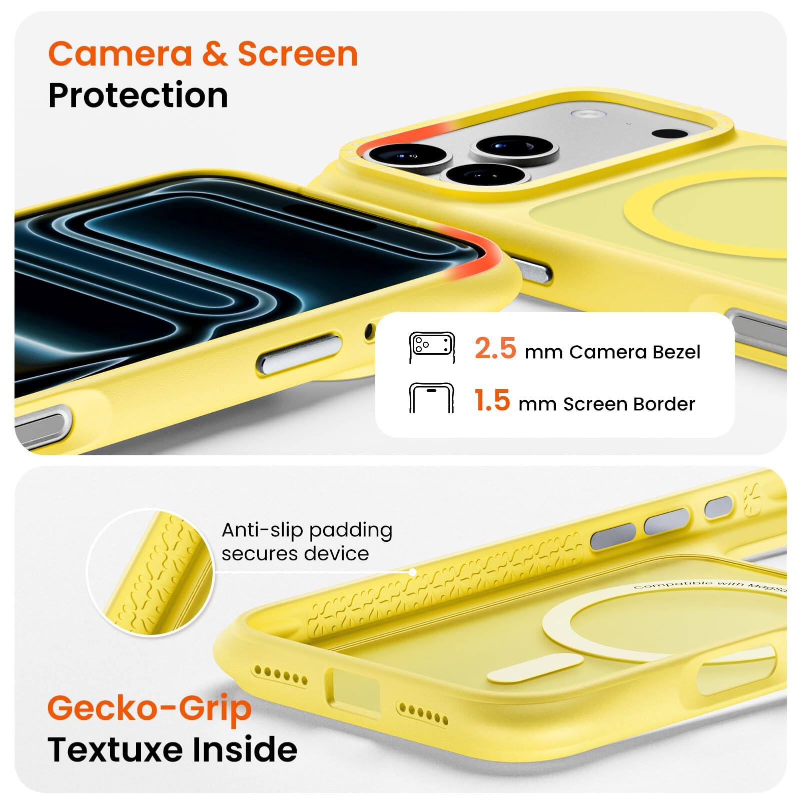 Camera & Screen Protection  
2.5 mm Camera Bezel  
1.5 mm Screen Border  
Anti-slip padding secures device  
Gecko-Grip Textuxe Inside