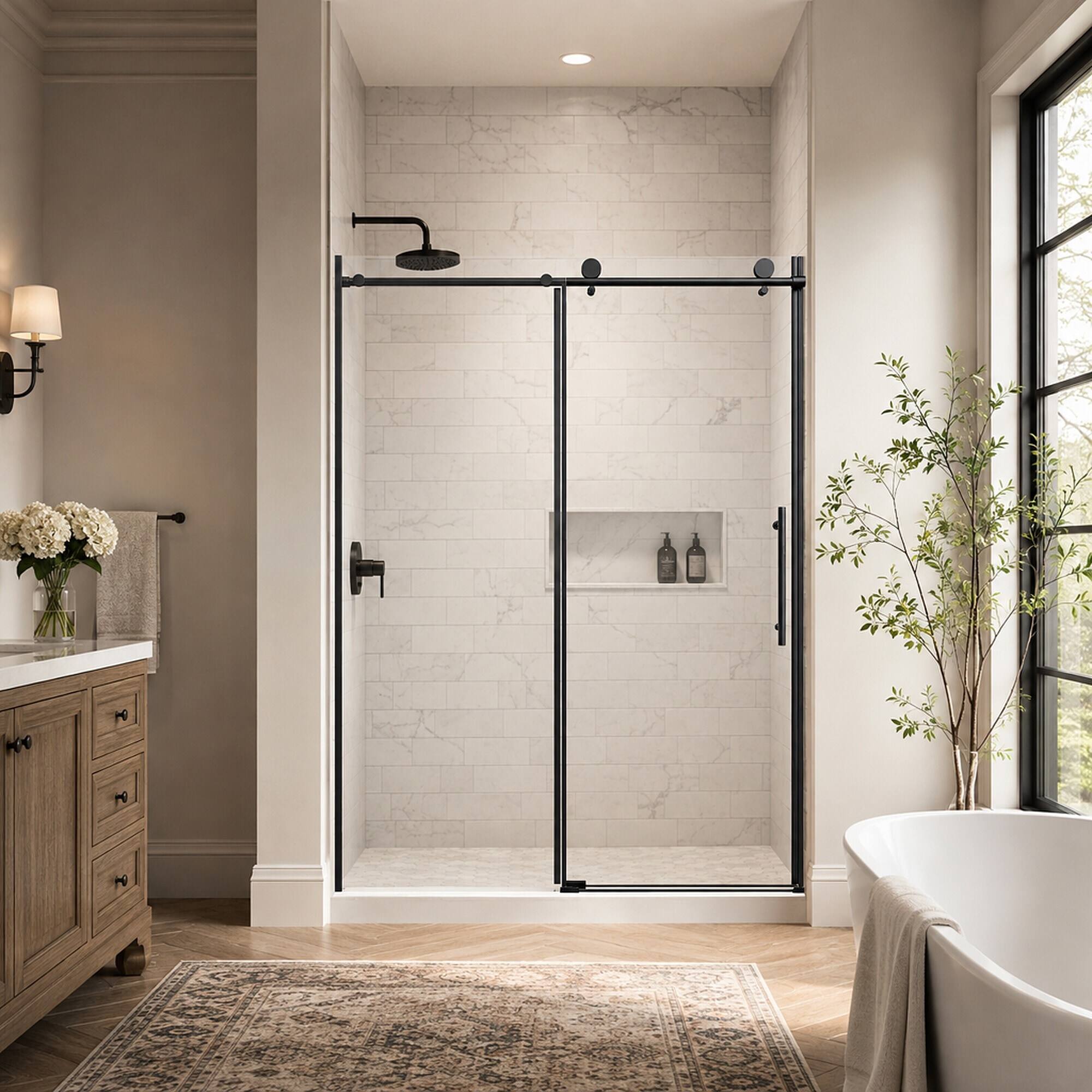 Left. RYHNUYNE - 56-60" W X 76" H Frameless Single Sliding Shower Door With 1/4" Tempered Glass, Matte Black - Black.