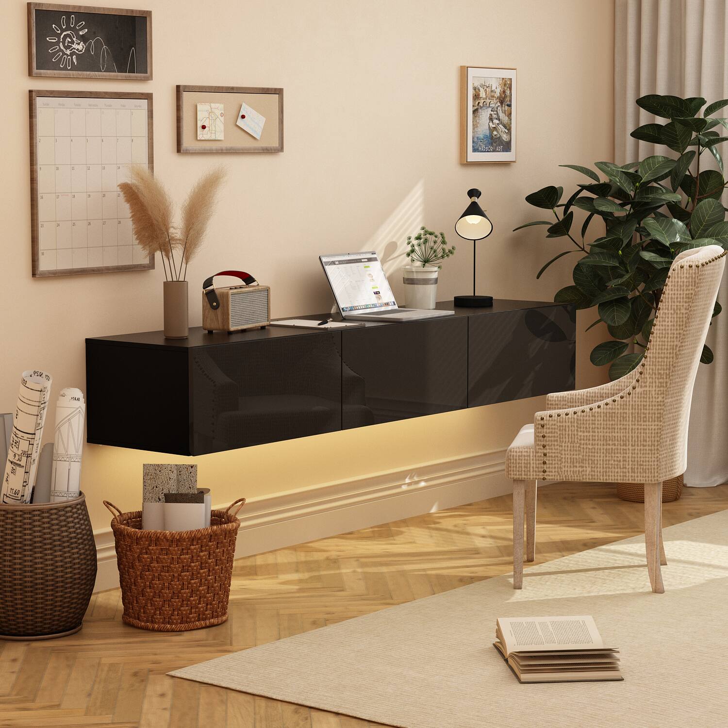 Alt View 5. Famapy - Famapy Wall - Mounted TV Stand with Hidden Drawers High Gloss Finish TV Console - Black.