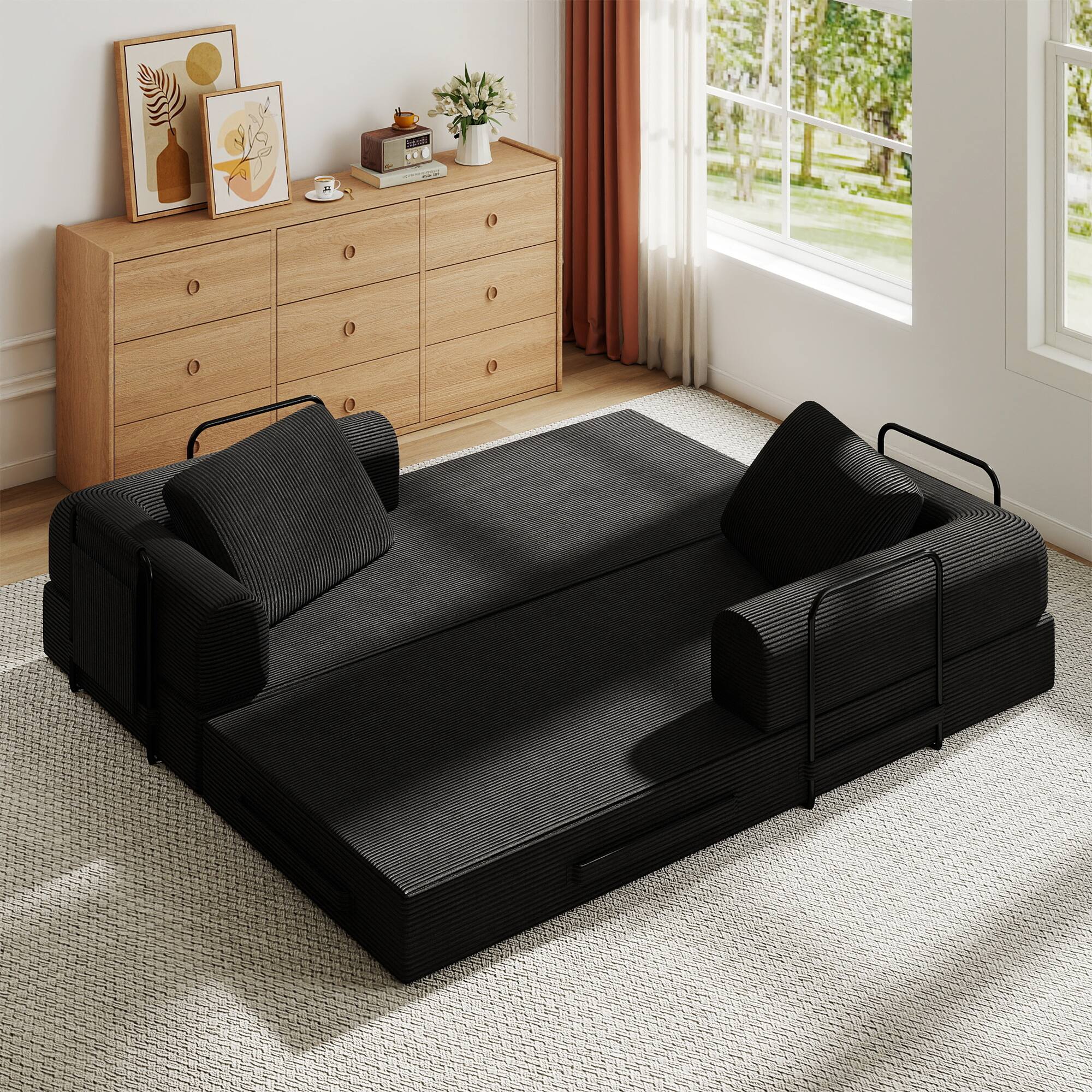 Alt View 1. TinyHomie - Convertible Sleeper Sofa Bed with Cylindrical Pillow - Corduroy Folding Mattress Couch with Fixed-Shape Frame - Black.