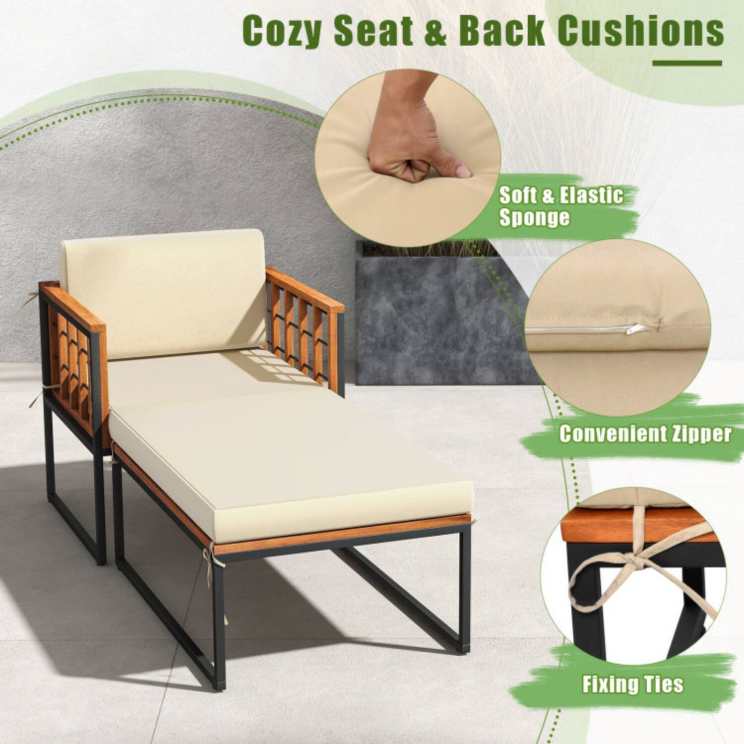Cozy Seat & Back Cushions

- Soft & Elastic Sponge
- Convenient Zipper
- Fixing Ties