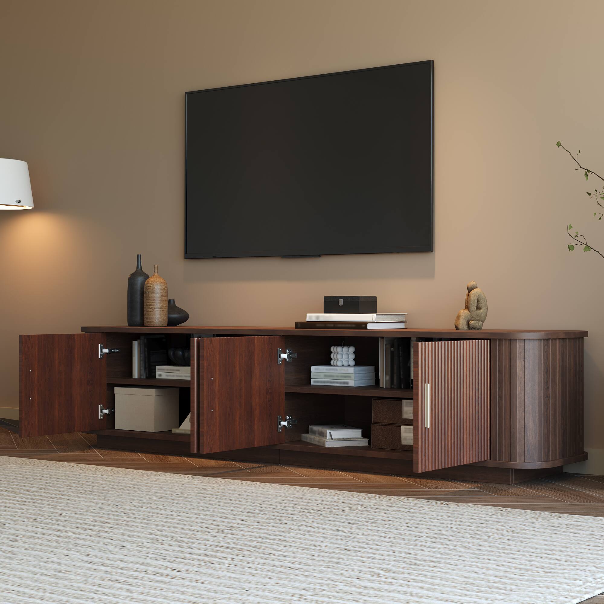 Left. Whisen - 70-Inch Modern TV Stand for TVs up to 80-Inch,Media Entertainment Console with Cured Corners and Ample Storage - Dark Brown.