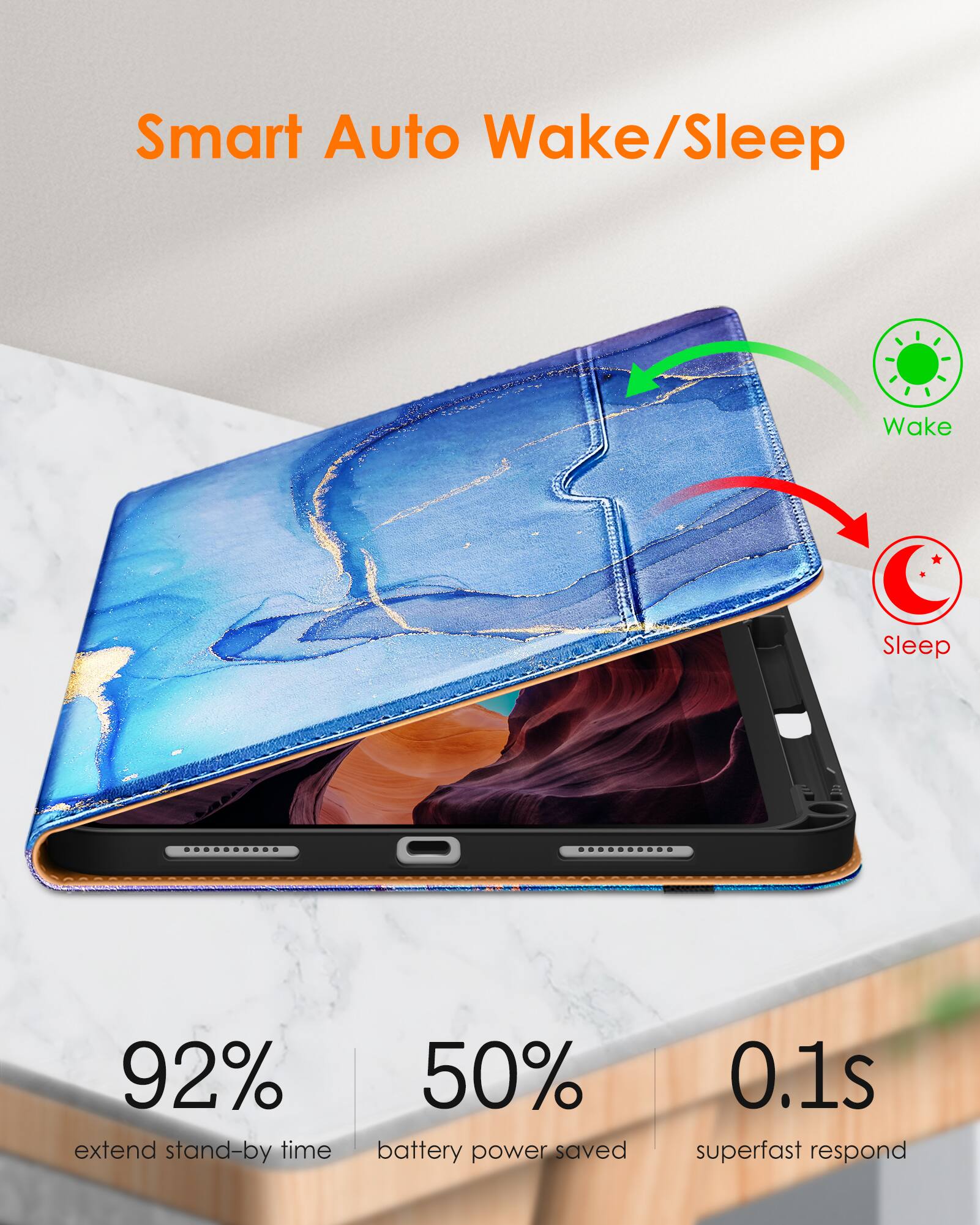 Smart Auto Wake/Sleep

- 92% extend stand-by time
- 50% battery power saved
- 0.1s superfast respond

Wake
Sleep