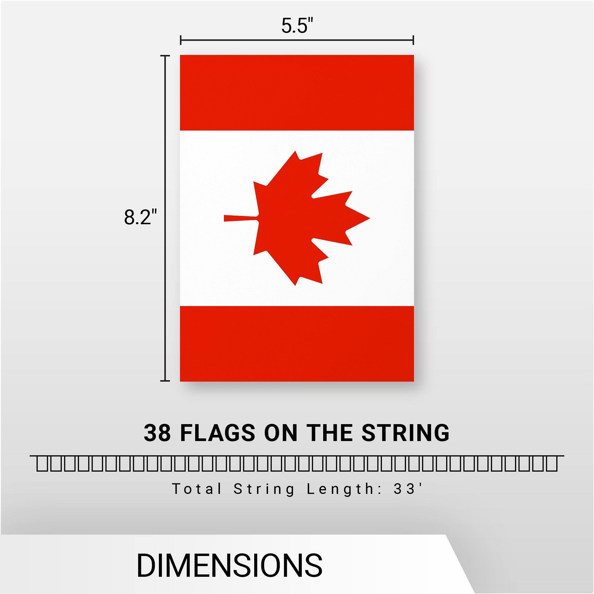 5.5" x 8.2"  
38 FLAGS ON THE STRING  
Total String Length: 33'  
DIMENSIONS