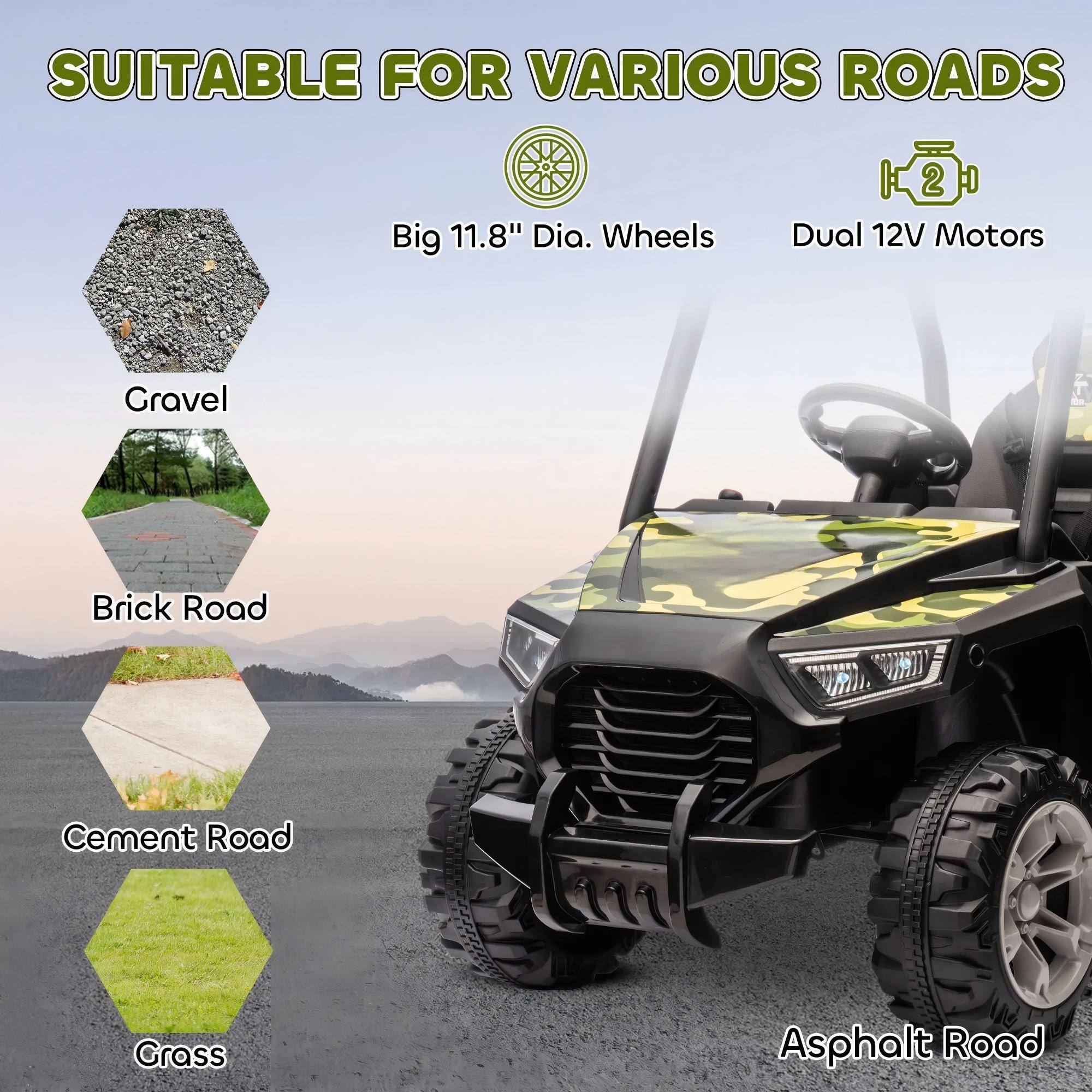 SUITABLE FOR VARIOUS ROADS

Big 11.8" Dia. Wheels  
Dual 12V Motors

- Gravel
- Brick Road
- Cement Road
- Grass
- Asphalt Road
