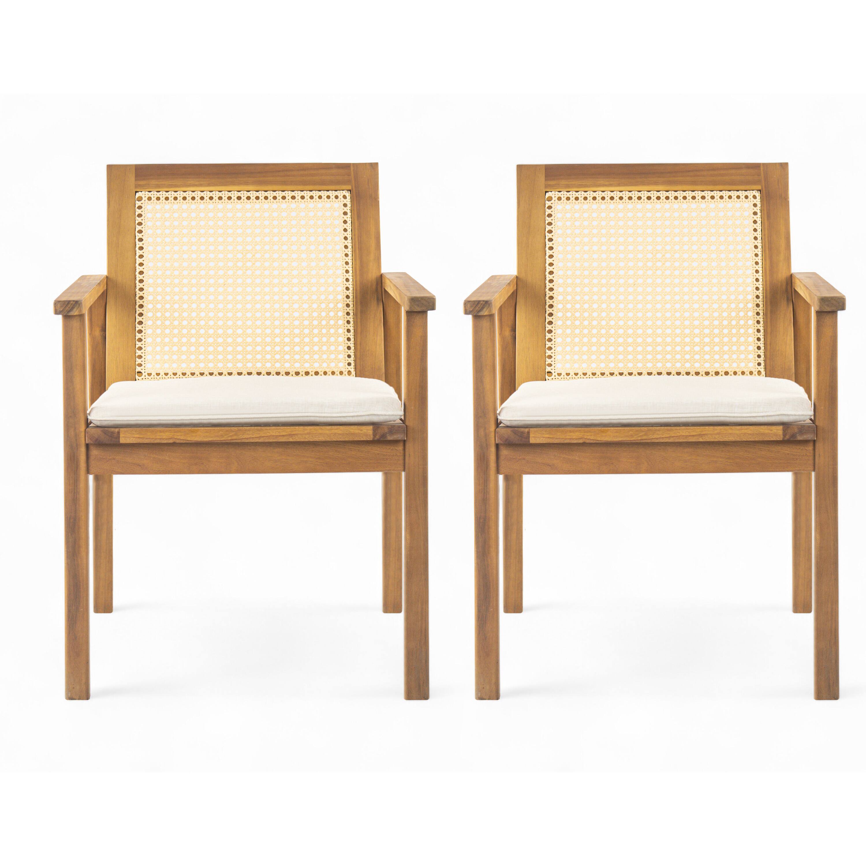 Angle. Mondawe - Set of 2 Wicker Outdoor Dining Chair with Cushion - Teak+ Beige.