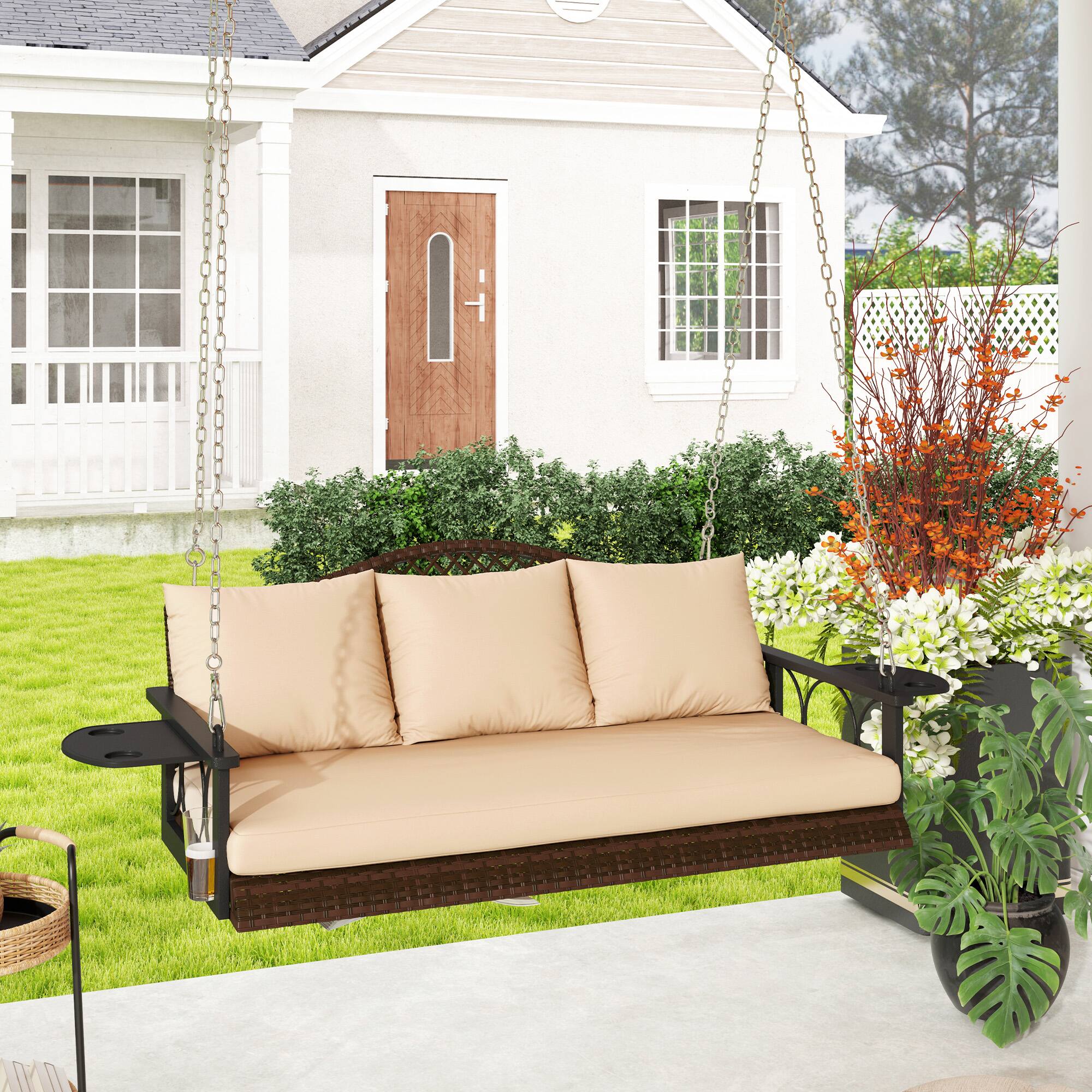 Alt View 8. Outsunny - 3 Person Wicker Porch Swing Chair Heavy Duty 800 LBS with Cup Holder, 57 Inch Outdoor Rattan Patio Hanging Swing Bench - Brown.