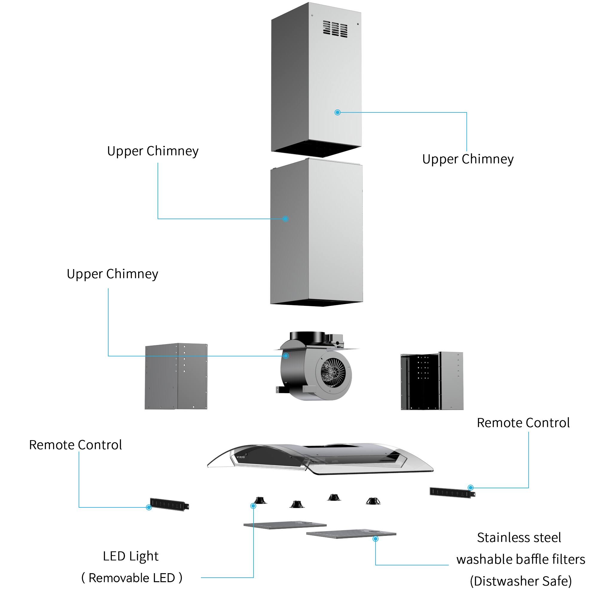 Upper Chimney, Remote Control, LED Light (Removable LED), Stainless steel washable baffle filters (Distwasher Safe)